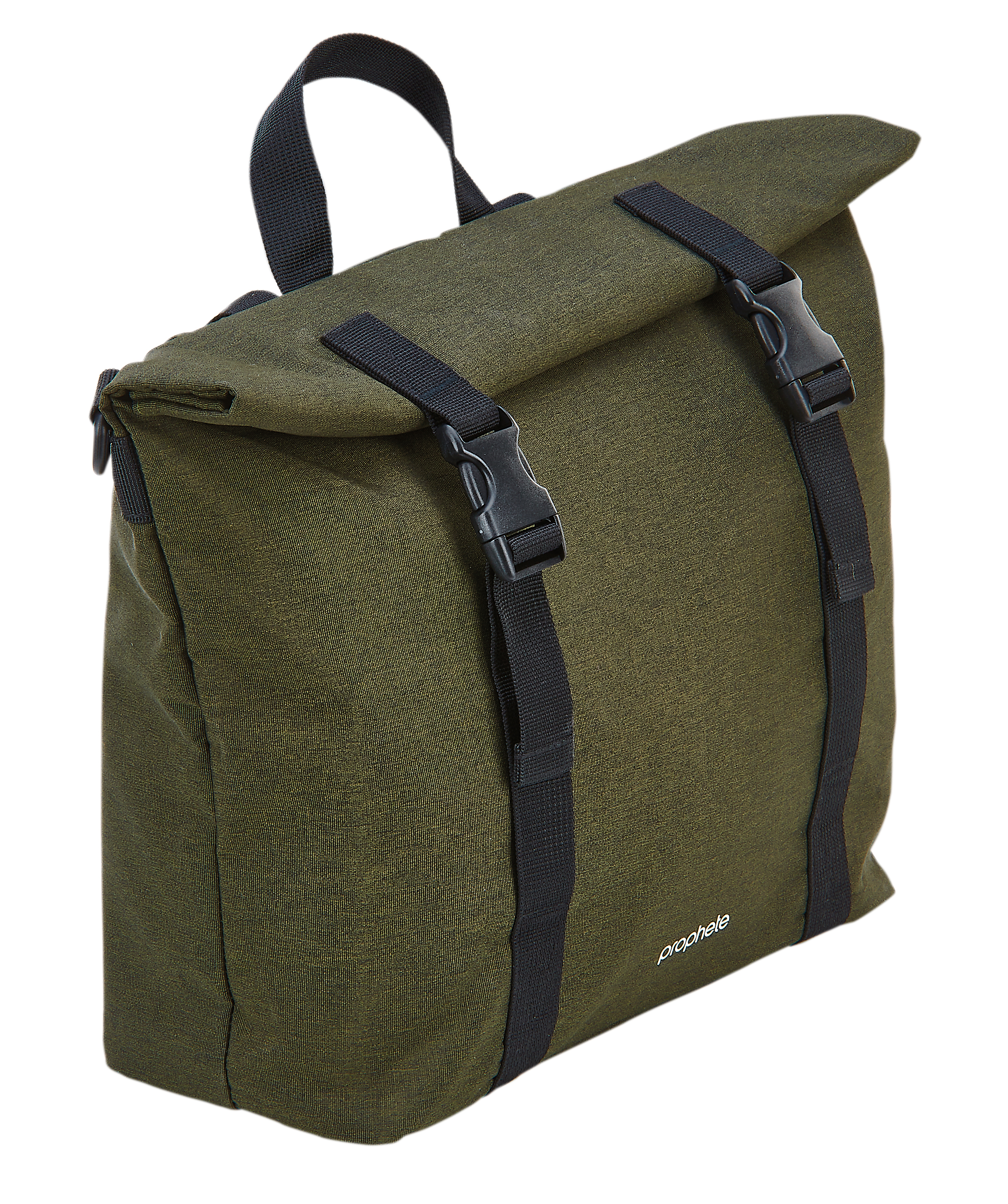 Grüner Stoffrucksack mit schwarzen Riemen und Schnallen, weißer Hintergrund.