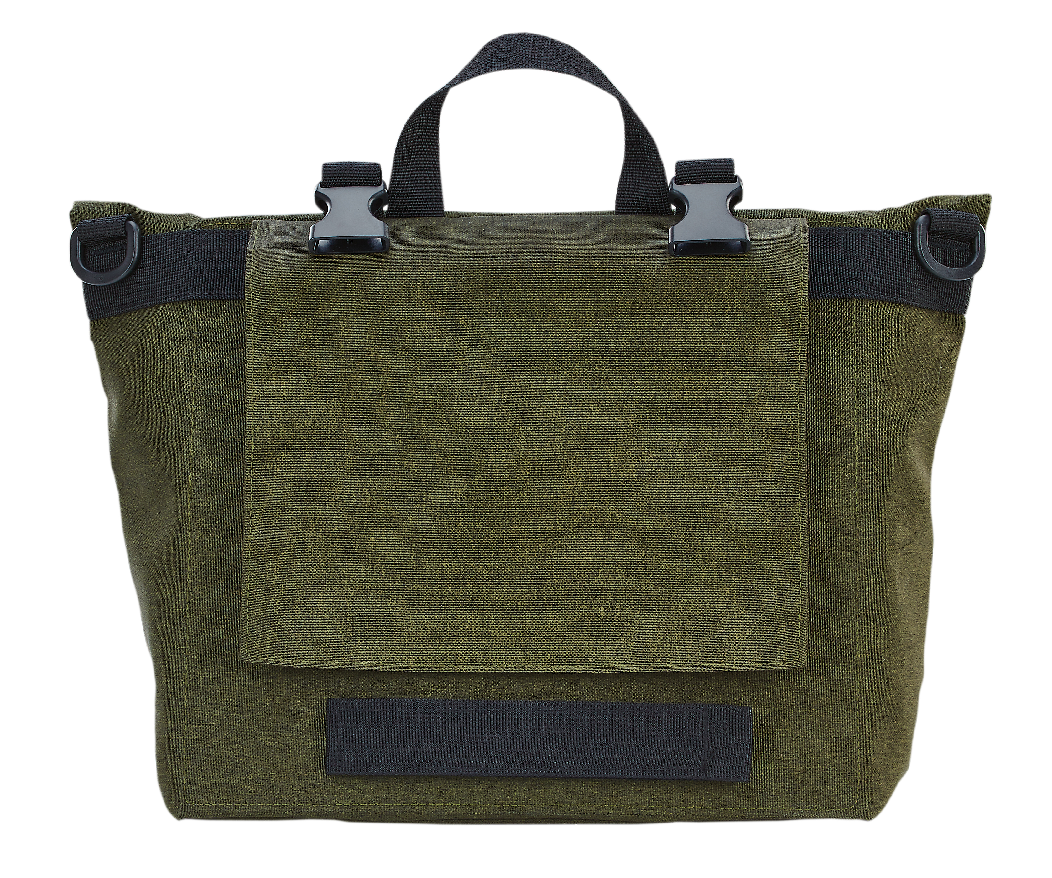 Grüne Tasche mit schwarzen Griffen und Schnallen. Weißer Hintergrund.