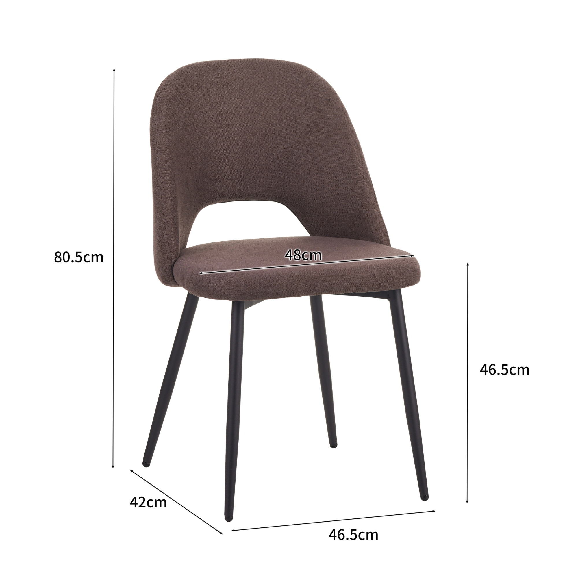 Brauner Stuhl mit schwarzen Beinen, Maße in cm: Höhe 80,5cm, Breite 42cm, Tiefe 46,5cm.