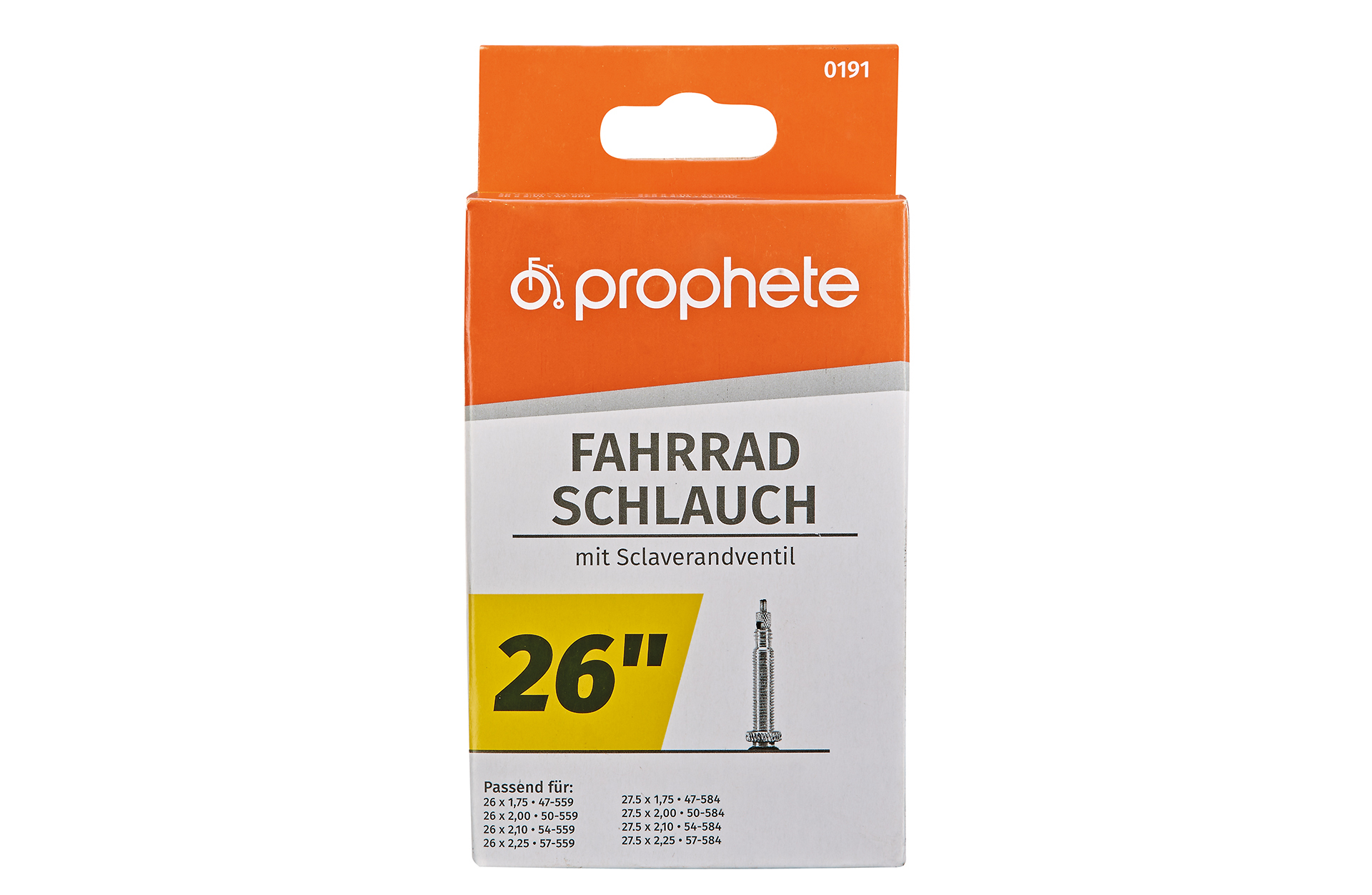 Verpackter Fahrradschlauch, orange und weiß. Text auf Deutsch beschreibt Schlauch und Größe, 26" mit Schrader-Ventil.