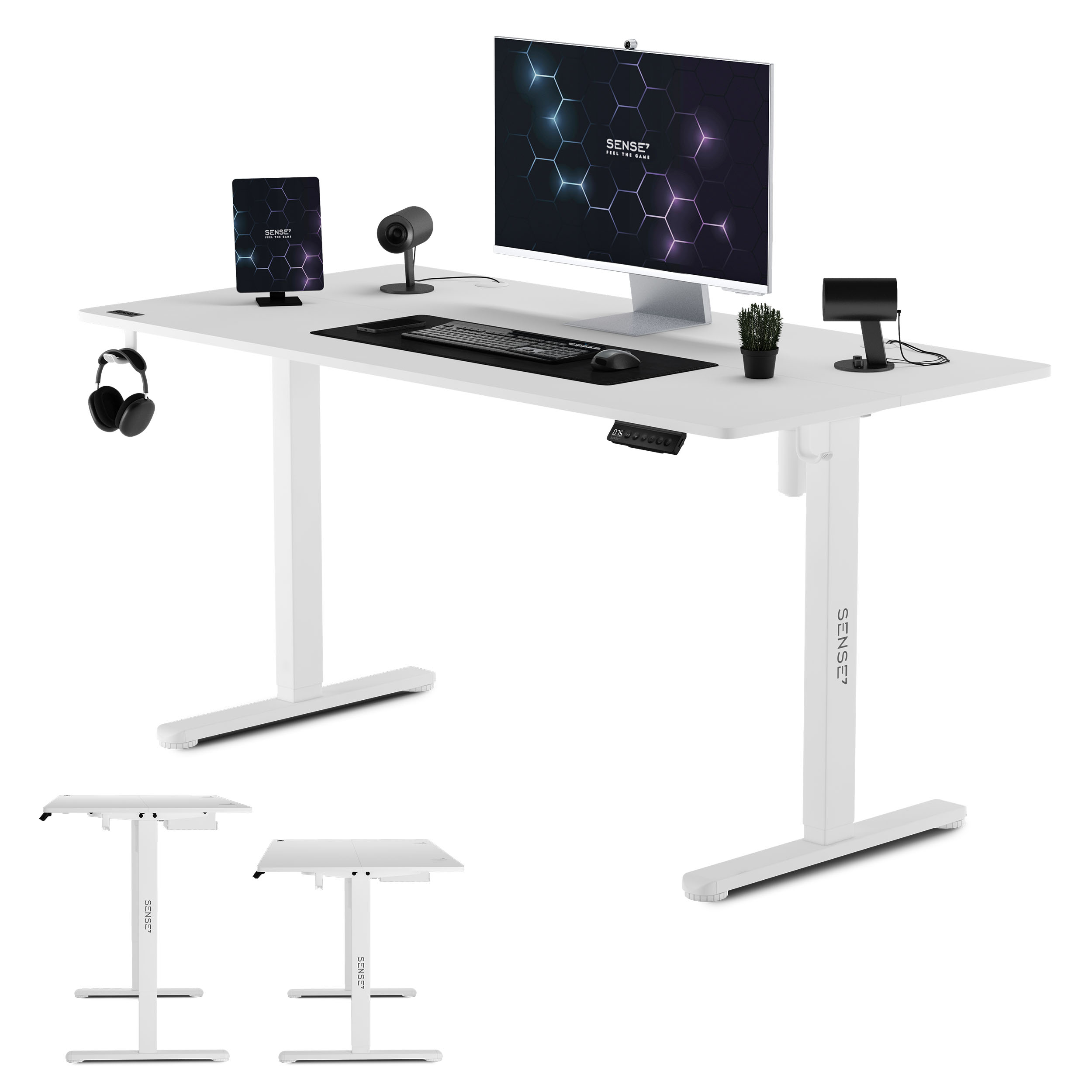 Ein weißer Stehtisch mit Monitor, Tablet und anderem Büromaterial. Der Schreibtisch hat verschiedene Beine.