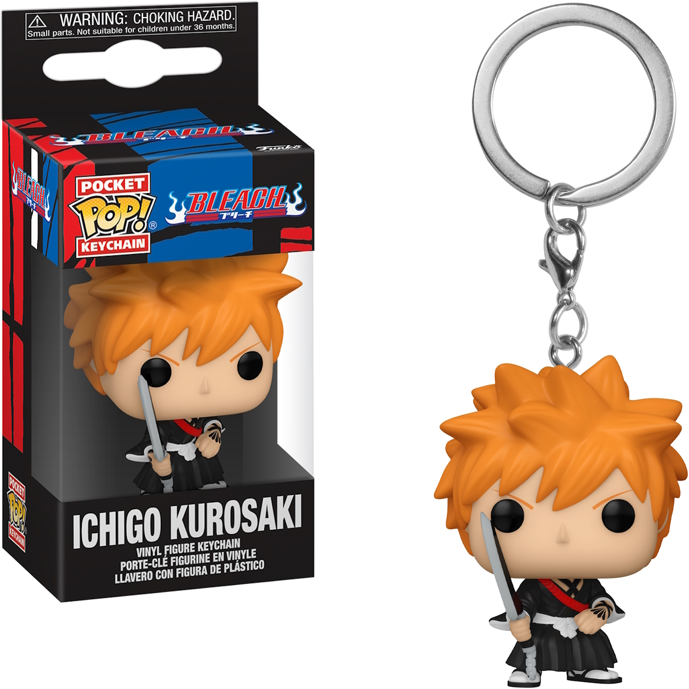Ichigo Kurosaki Schlüsselanhänger-Figur in der Box. Die Figur hat orange Haare und hält ein Schwert. Die Box hat eine Warnung.