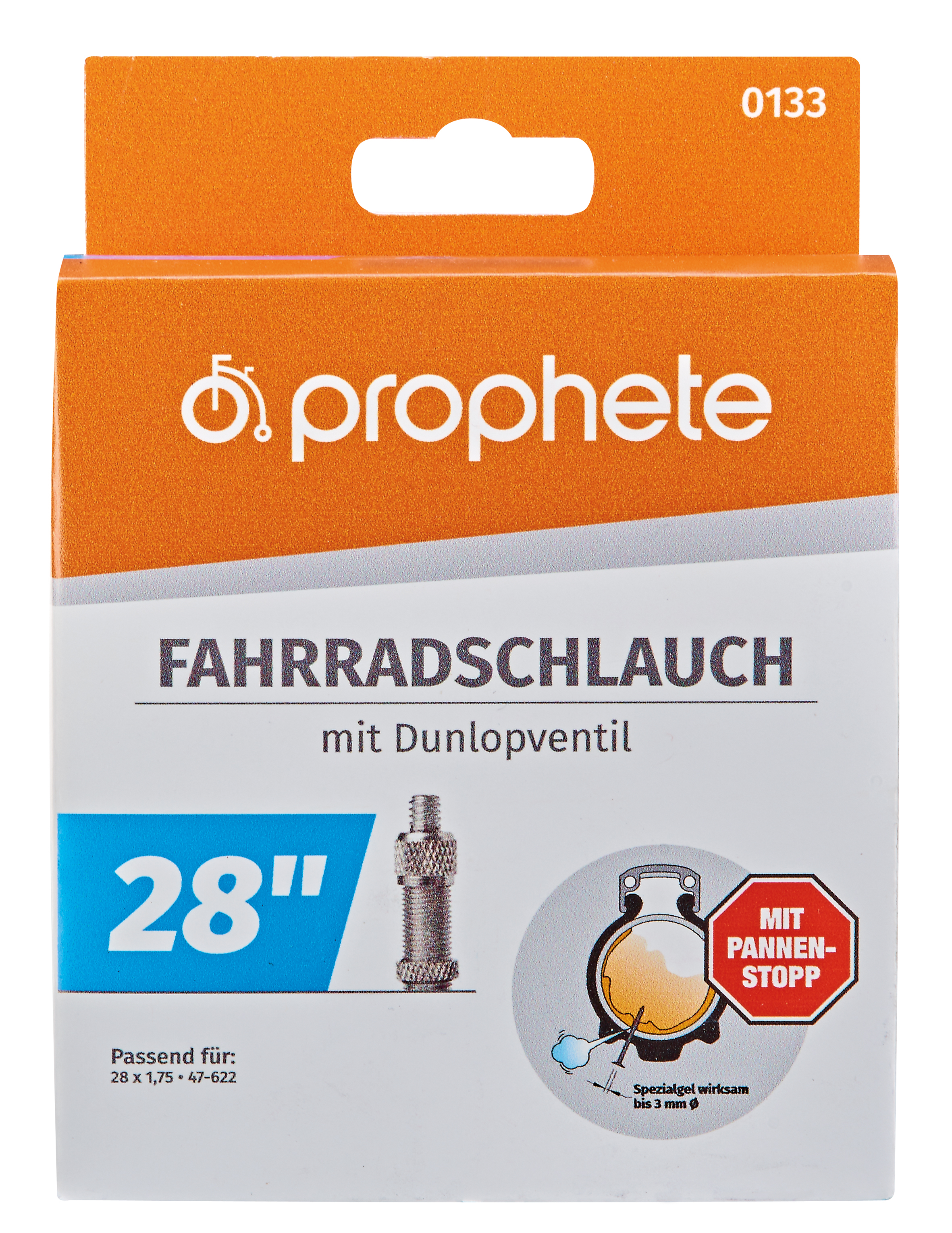 Orangene Schachtel für einen Fahrradschlauch mit Diagramm des Schlauchs und seines Ventils.