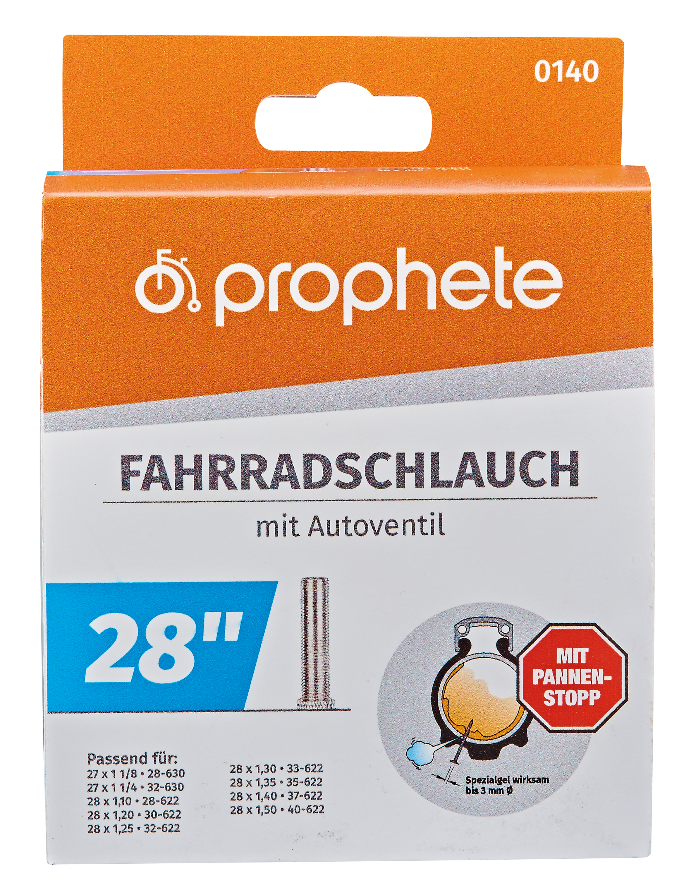 Schachtel eines Fahrradschlauchs mit deutschem Text, einschließlich '28"' und 'mit Pannenschutz'.