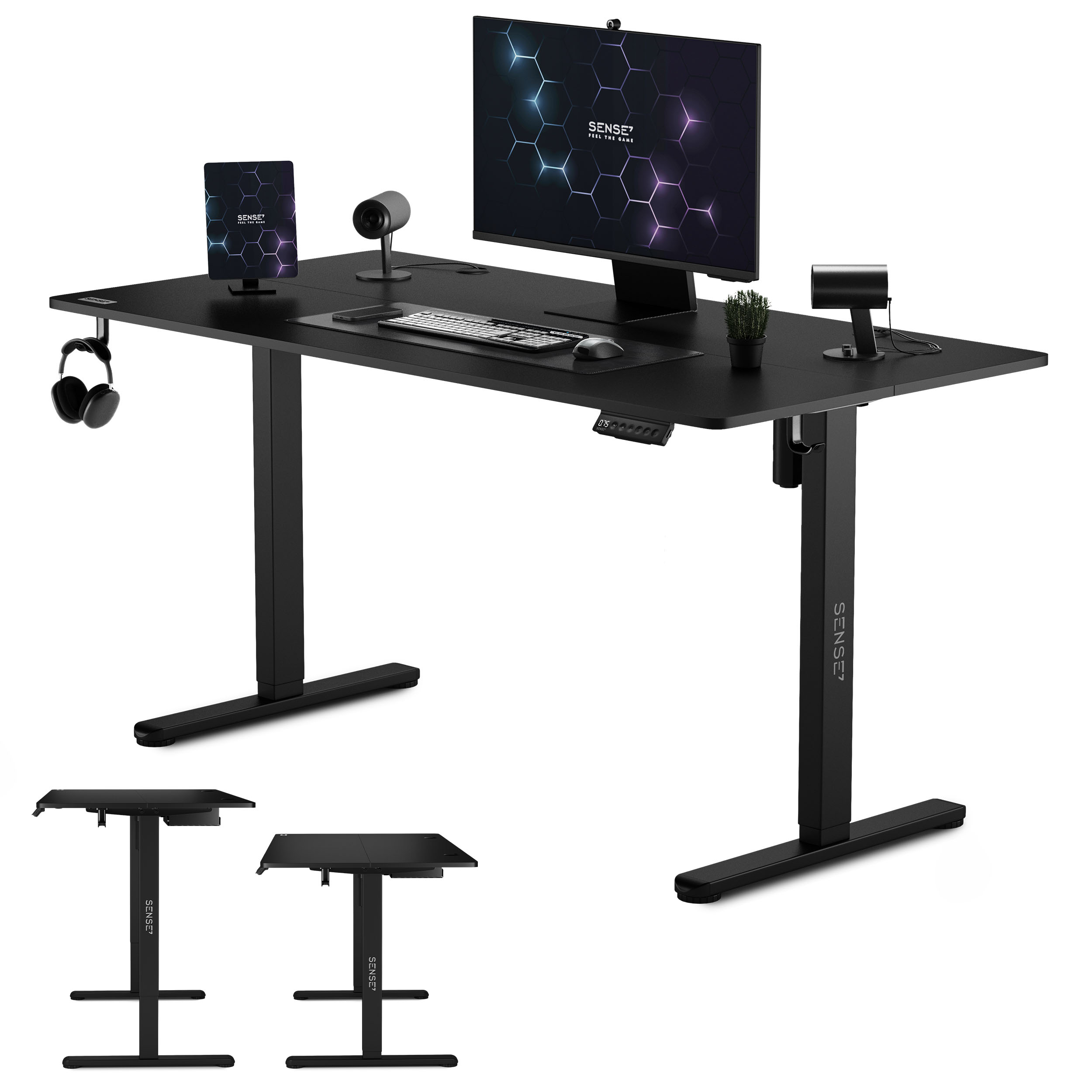Schwarzer, höhenverstellbarer Schreibtisch mit Monitor, Tablet und Zubehör. Kleinere Schreibtischbilder darunter.