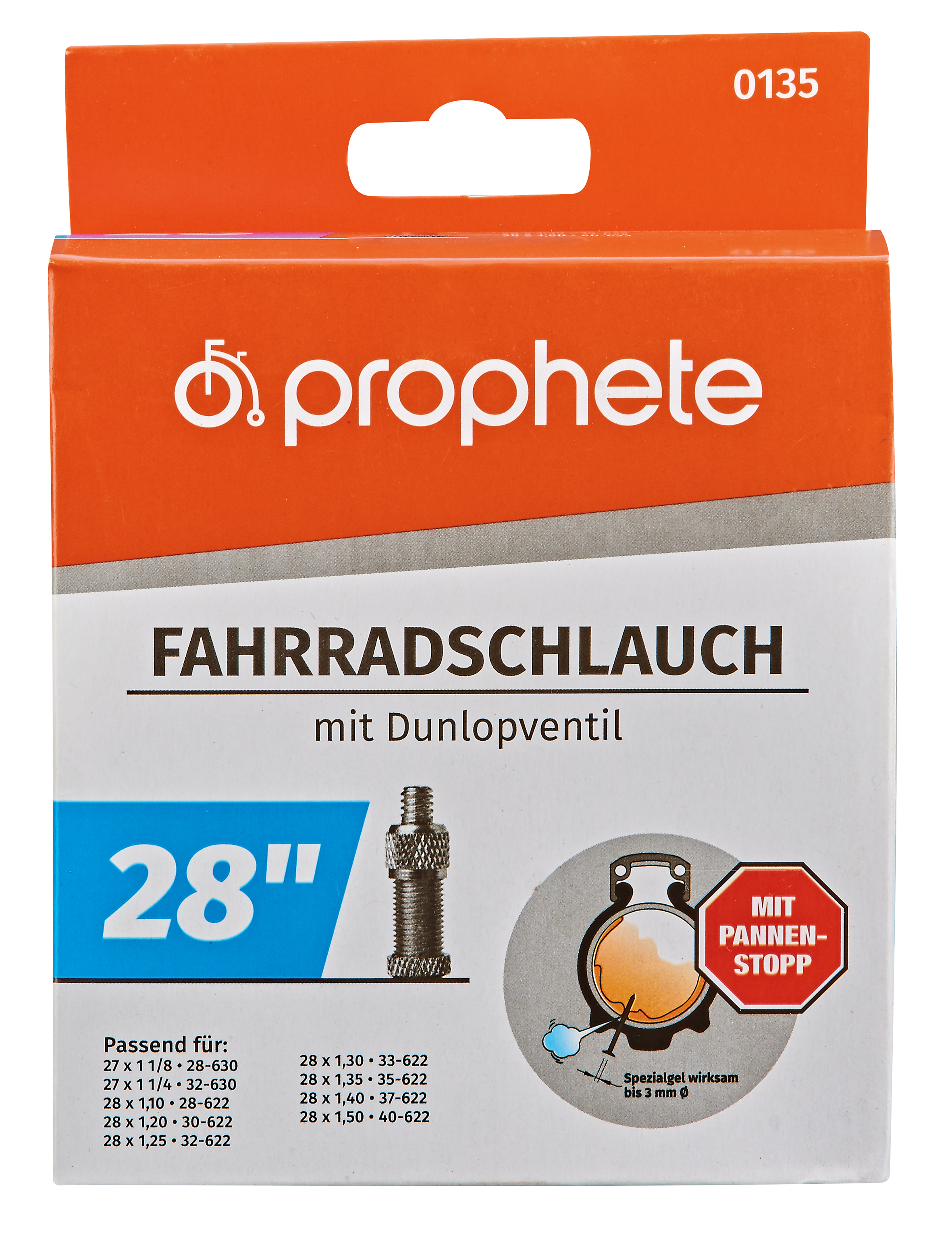 Eine Verpackung für einen Fahrradreifen. Sie ist orange und weiß mit Text und einer Reifenabbildung.