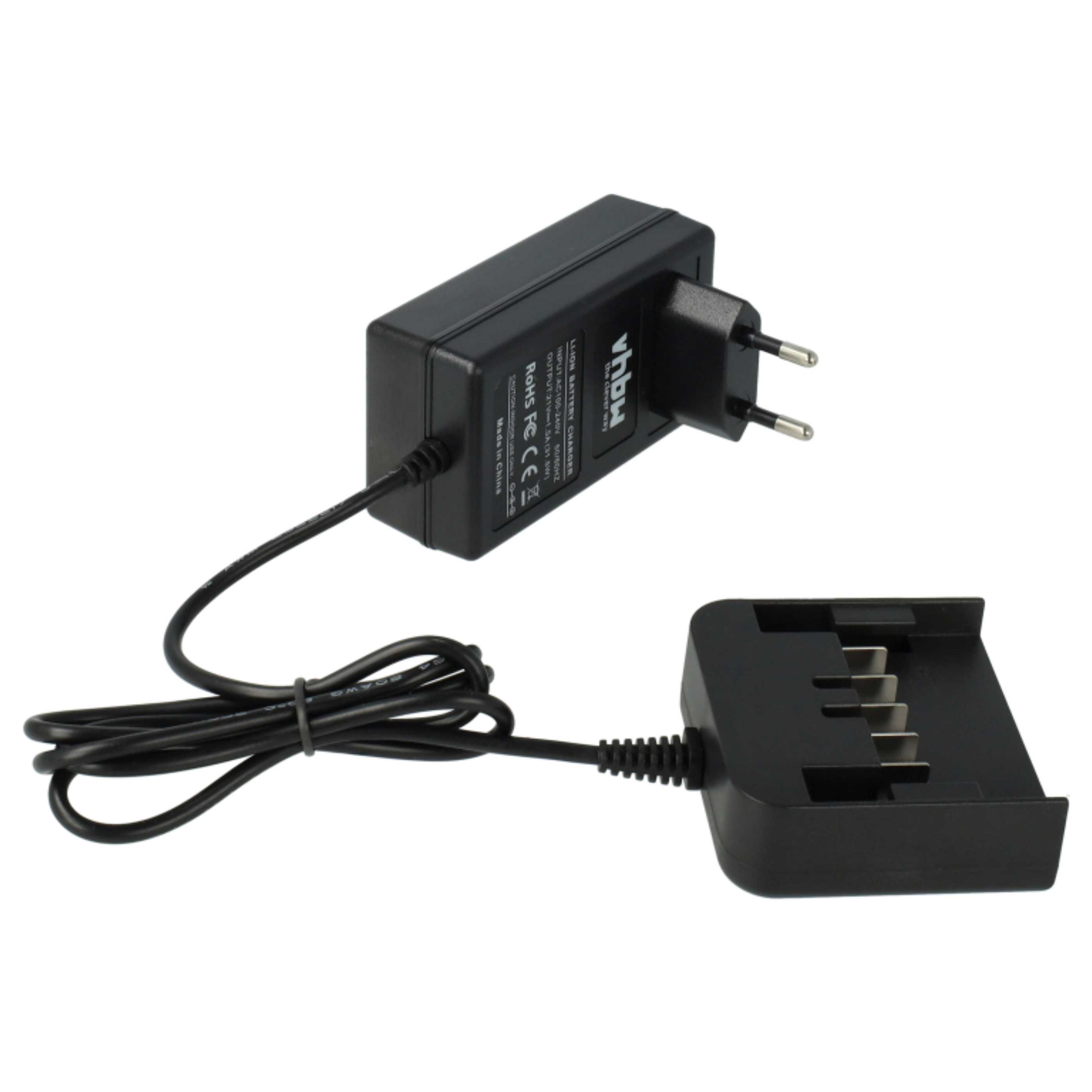 Ein schwarzes Ladegerät mit einem Kabel, das mit einer Ladestation verbunden ist. Es hat einen Zweipolstecker.