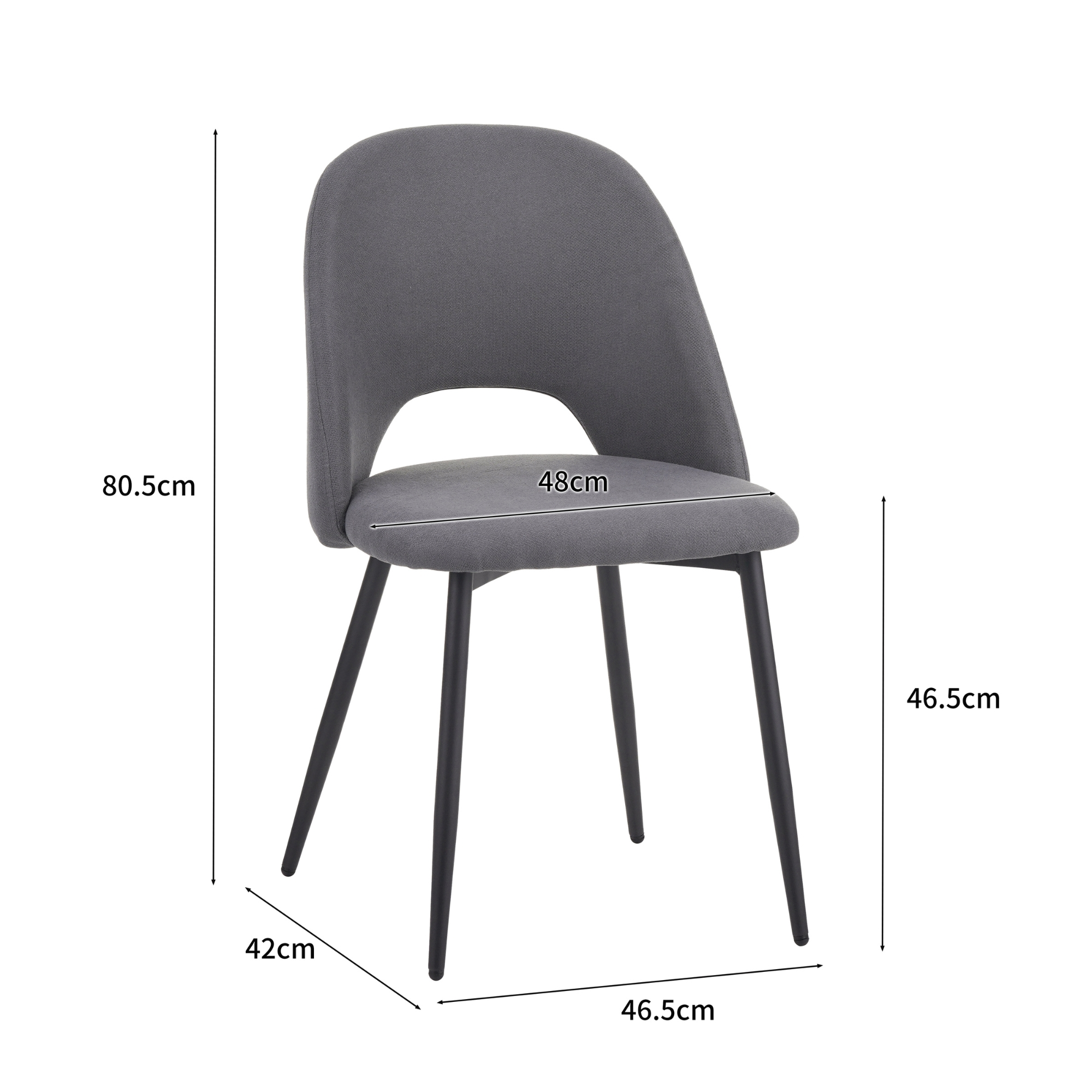 Ein grauer Stuhl mit geschwungener Rückenlehne und schwarzen Beinen. Abmessungen: 80,5 cm hoch, 42 cm breit, 46,5 cm tief.