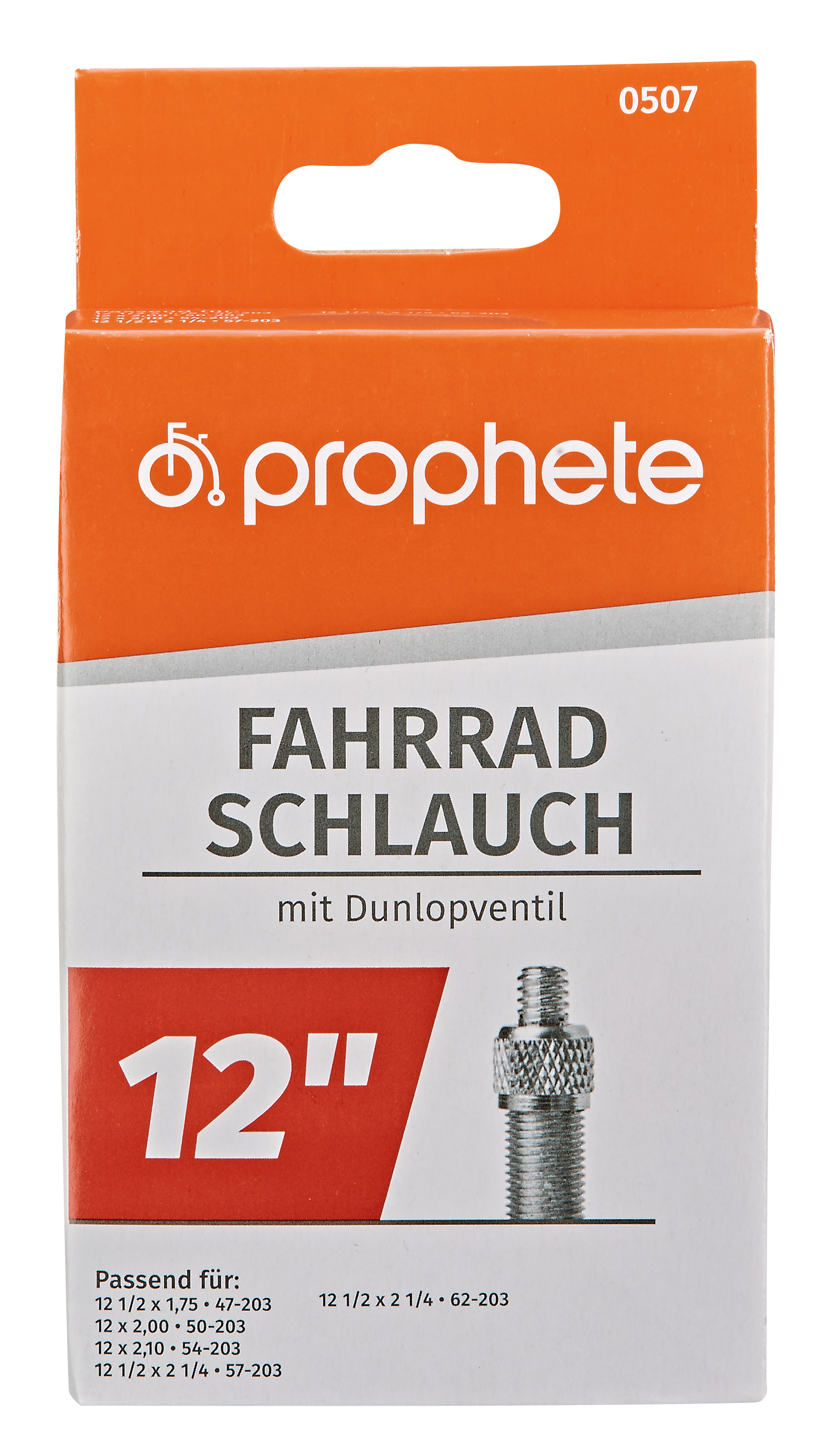 Verpackter Fahrradschlauch, orange und weiß. Text auf Deutsch beschreibt Schlauch und Größe, 12" mit Dunlop-Ventil.