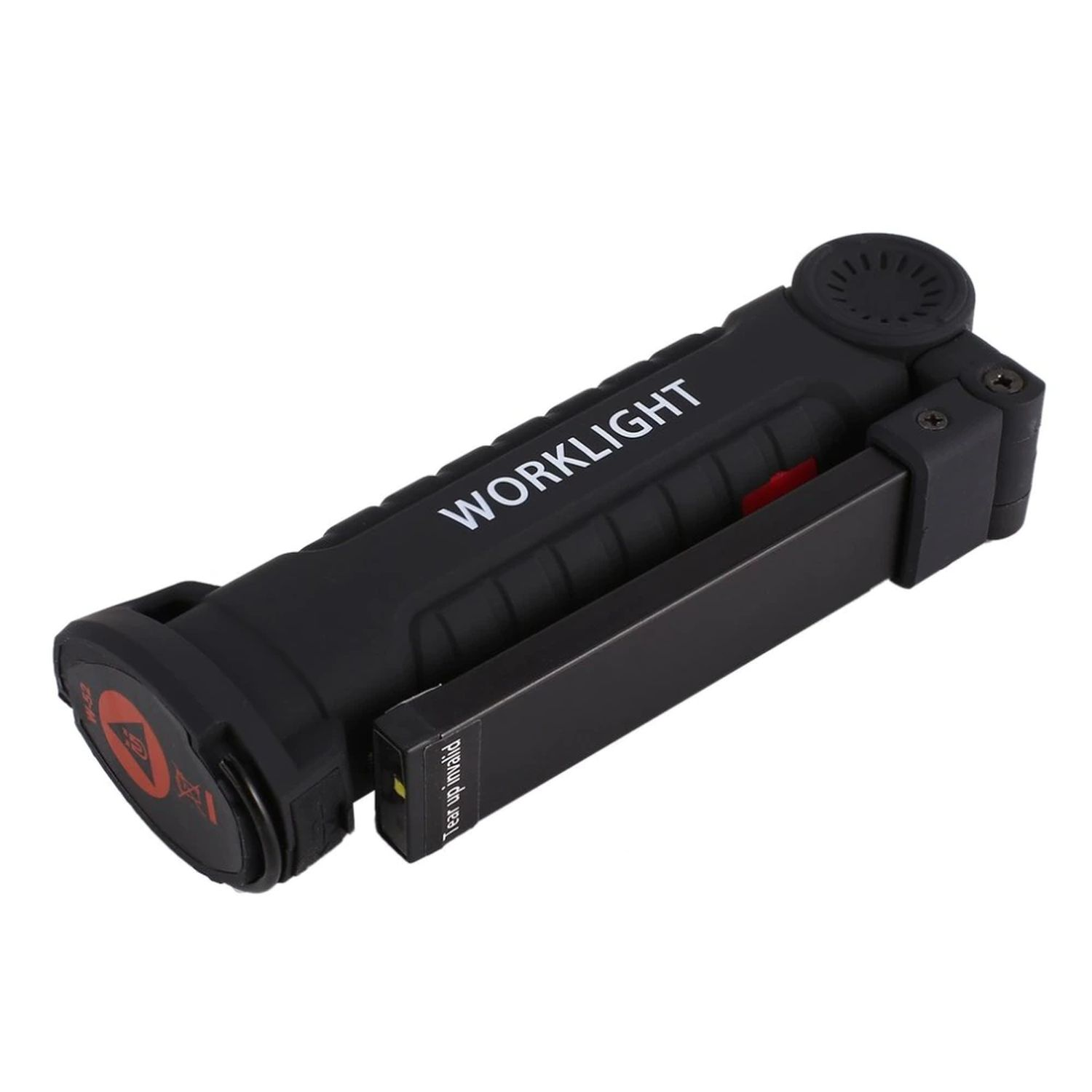 Eine schwarze Arbeitsleuchte zusammengeklappt. Das Wort WORKLIGHT ist oben aufgedruckt. Ein roter Knopf ist ebenfalls sichtbar.