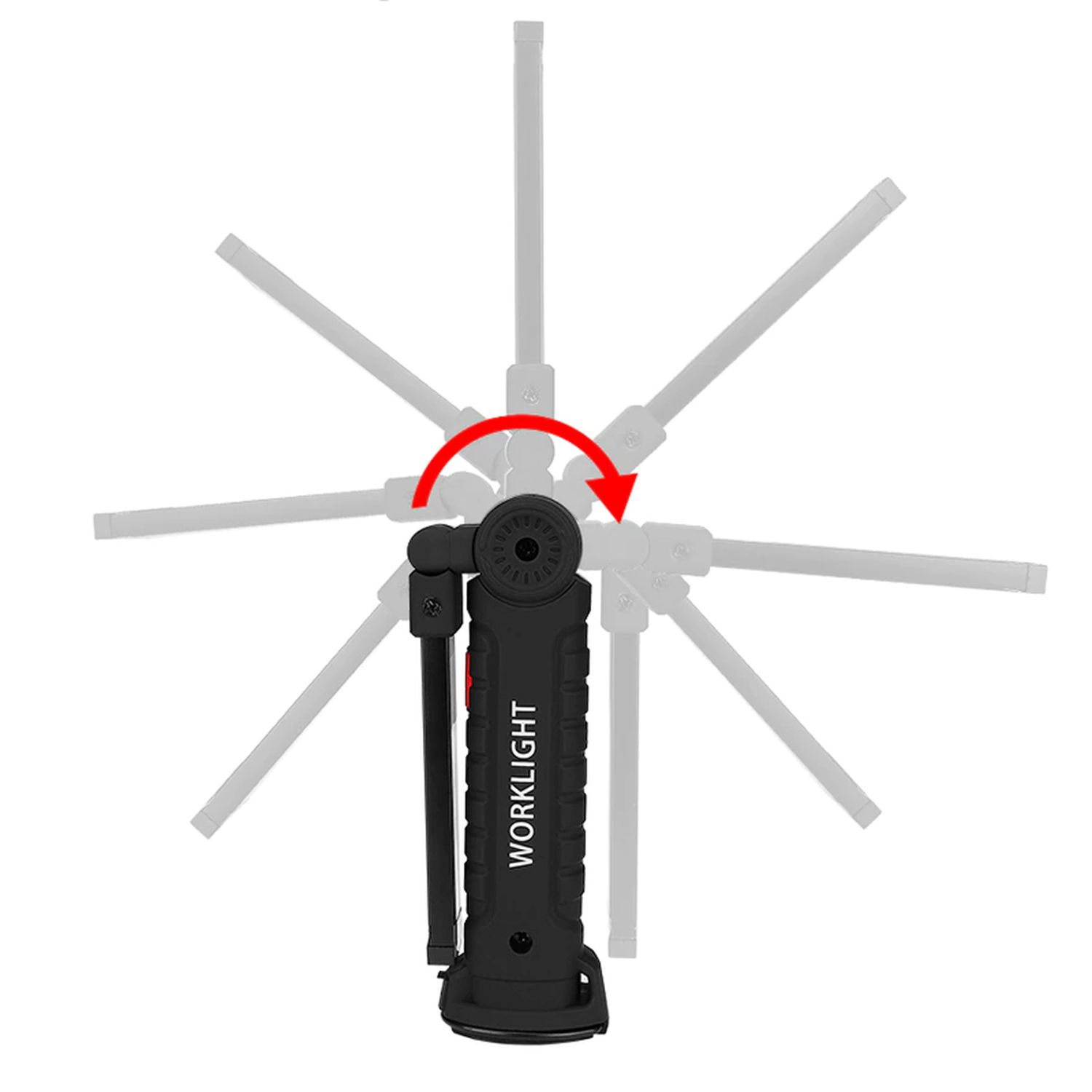 Schwarzes Arbeitslicht mit rotierenden Lichtmustern. Das Licht ist in der Mitte, umgeben von Bögen.