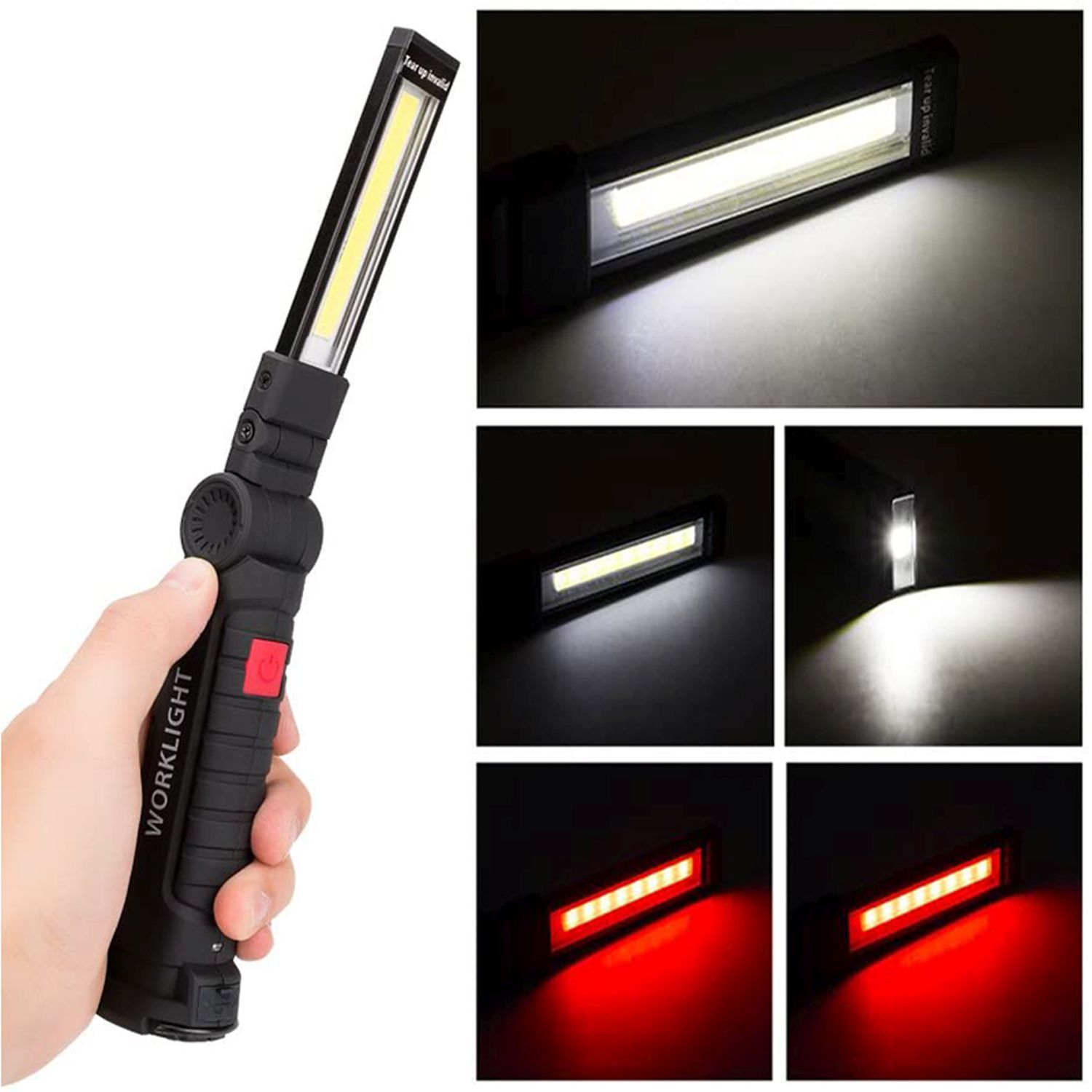 Eine Hand hält eine schwarze Arbeitsleuchte mit hellem, weißem LED-Licht. Andere Lichter sind im Hintergrund zu sehen.