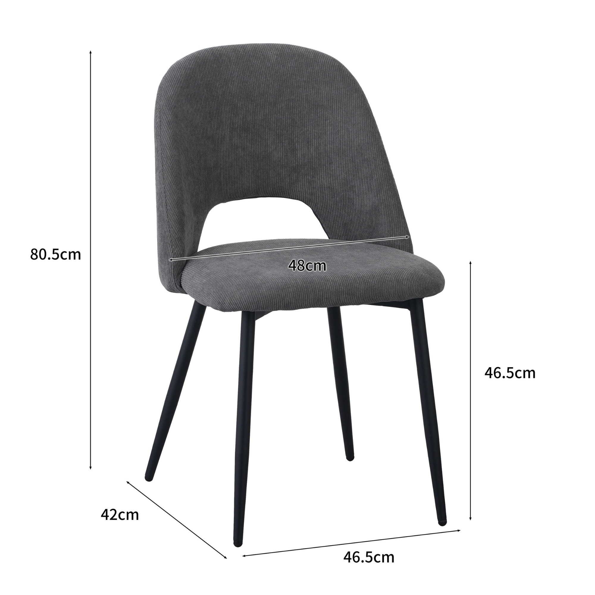Grauer Stuhl mit schwarzen Beinen. Maße: 80,5 cm Höhe, 48 cm Breite, 42 cm Tiefe.