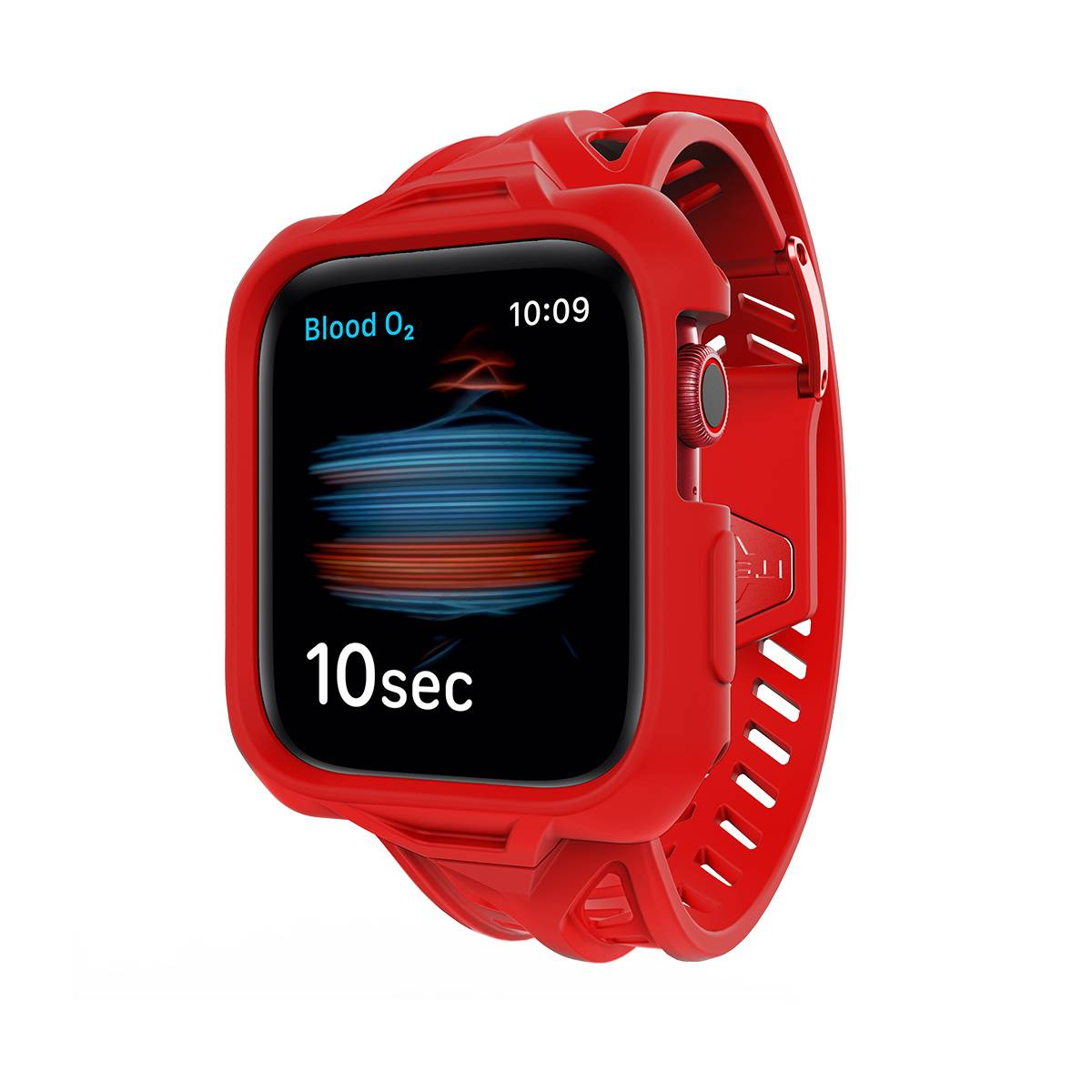 Custodia rossa per smartwatch che mostra Blood O2 e ora. Isolato.