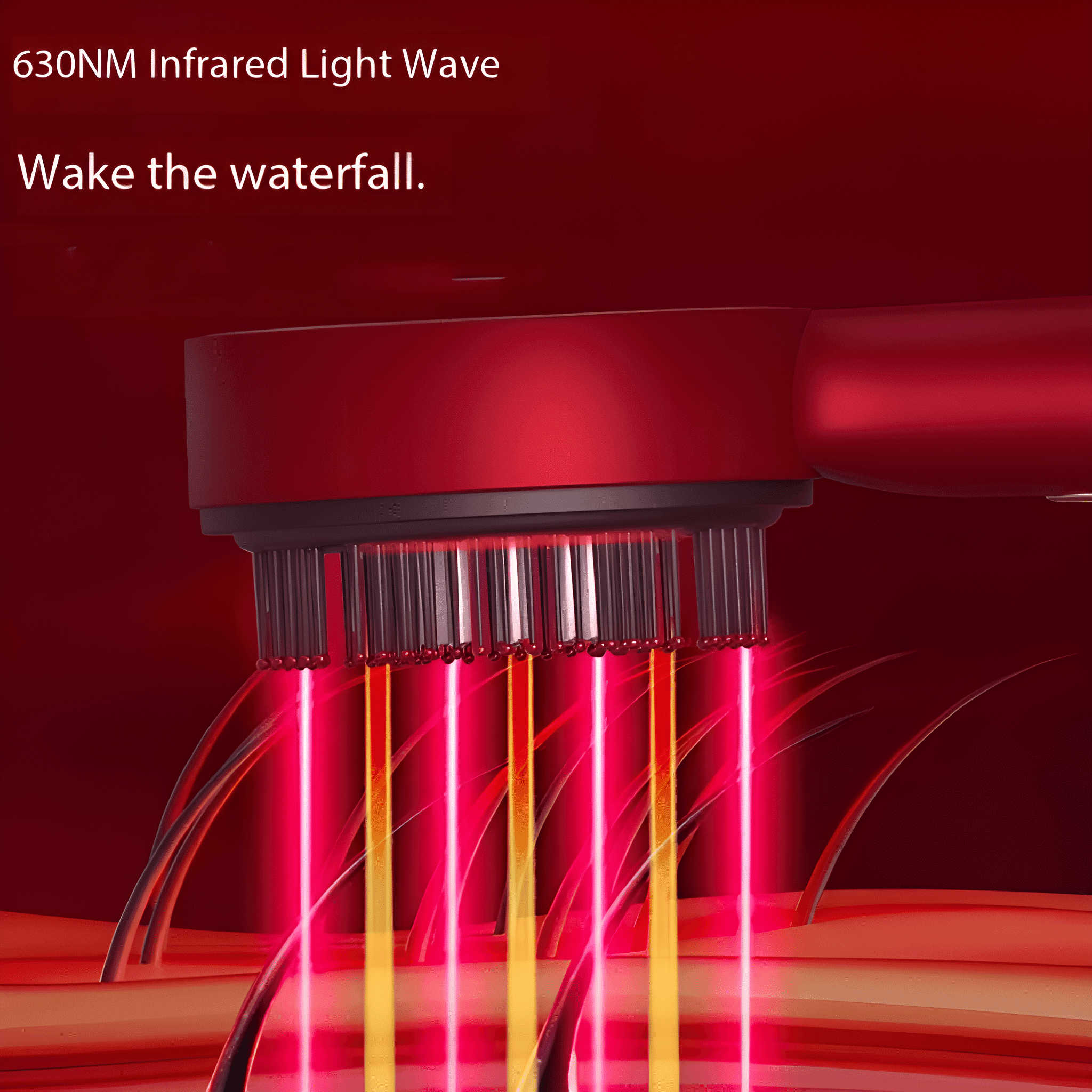 Roter Haartrockner mit roten Lichtstrahlen, die auf das Haar gerichtet sind. Text: '630NM Infrarot-Lichtwelle'.
