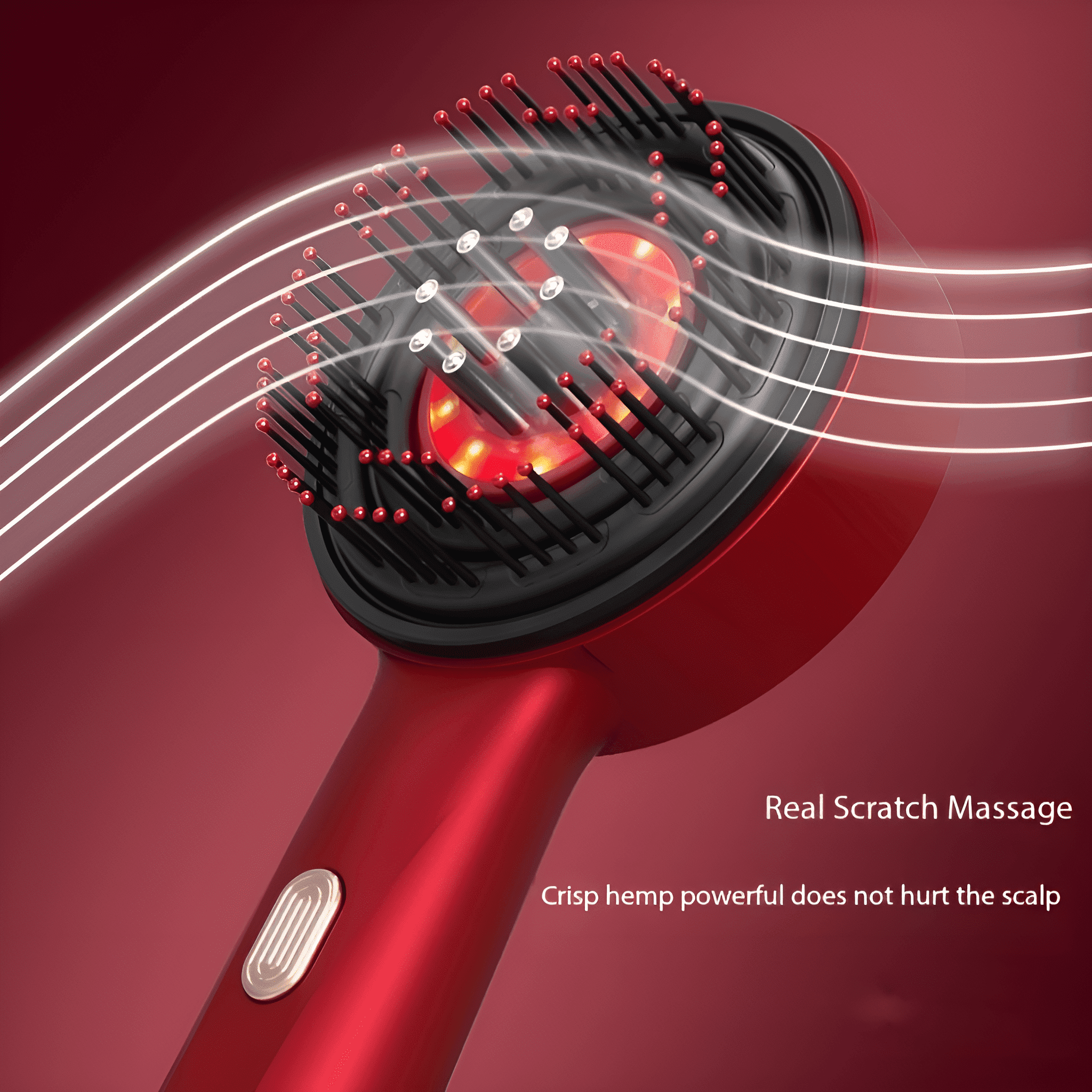 Roter Haartrockner mit Text „Real Scratch Massage“. Weiße Luftstromlinien sind sichtbar.