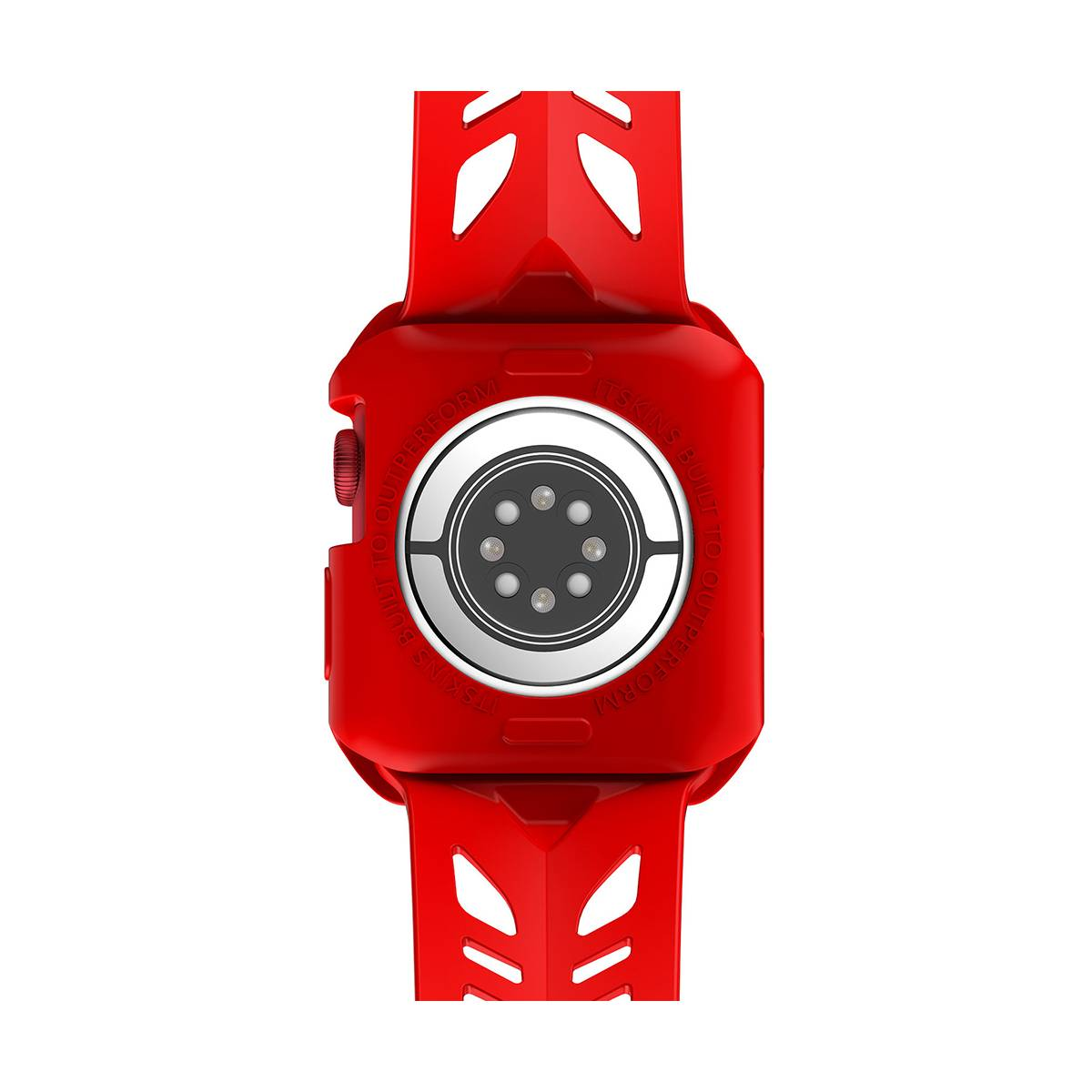 Retro cassa rossa Apple Watch. Mostra il sensore di frequenza cardiaca e il design del retro dell'orologio.