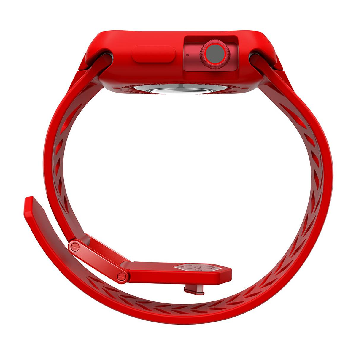 Cinturino rosso per Apple Watch con cassa rossa. Il cinturino è aperto, mostrando il retro dell'orologio.