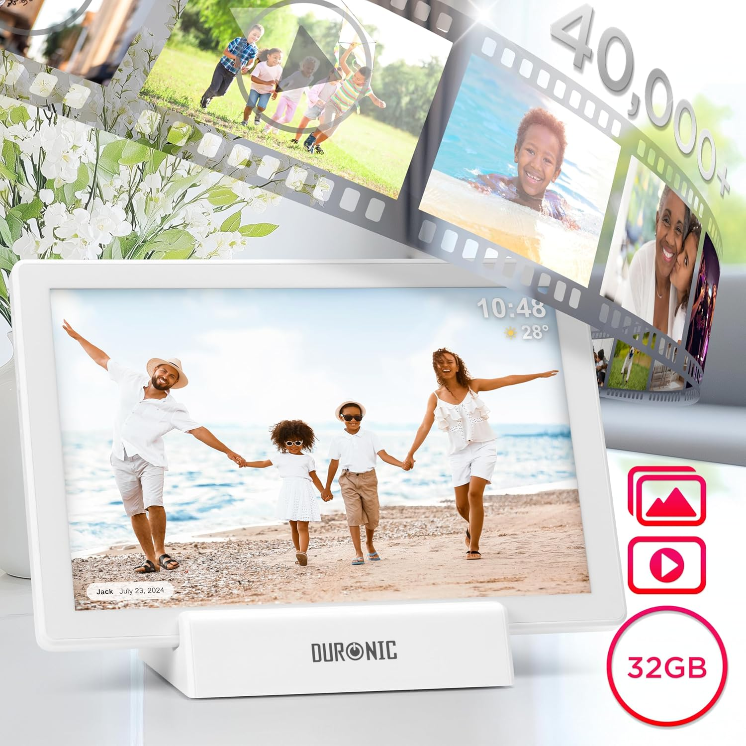 Digitaler Bilderrahmen mit einer Familie am Strand. Zusätzliche Bilder und 32GB Text.
