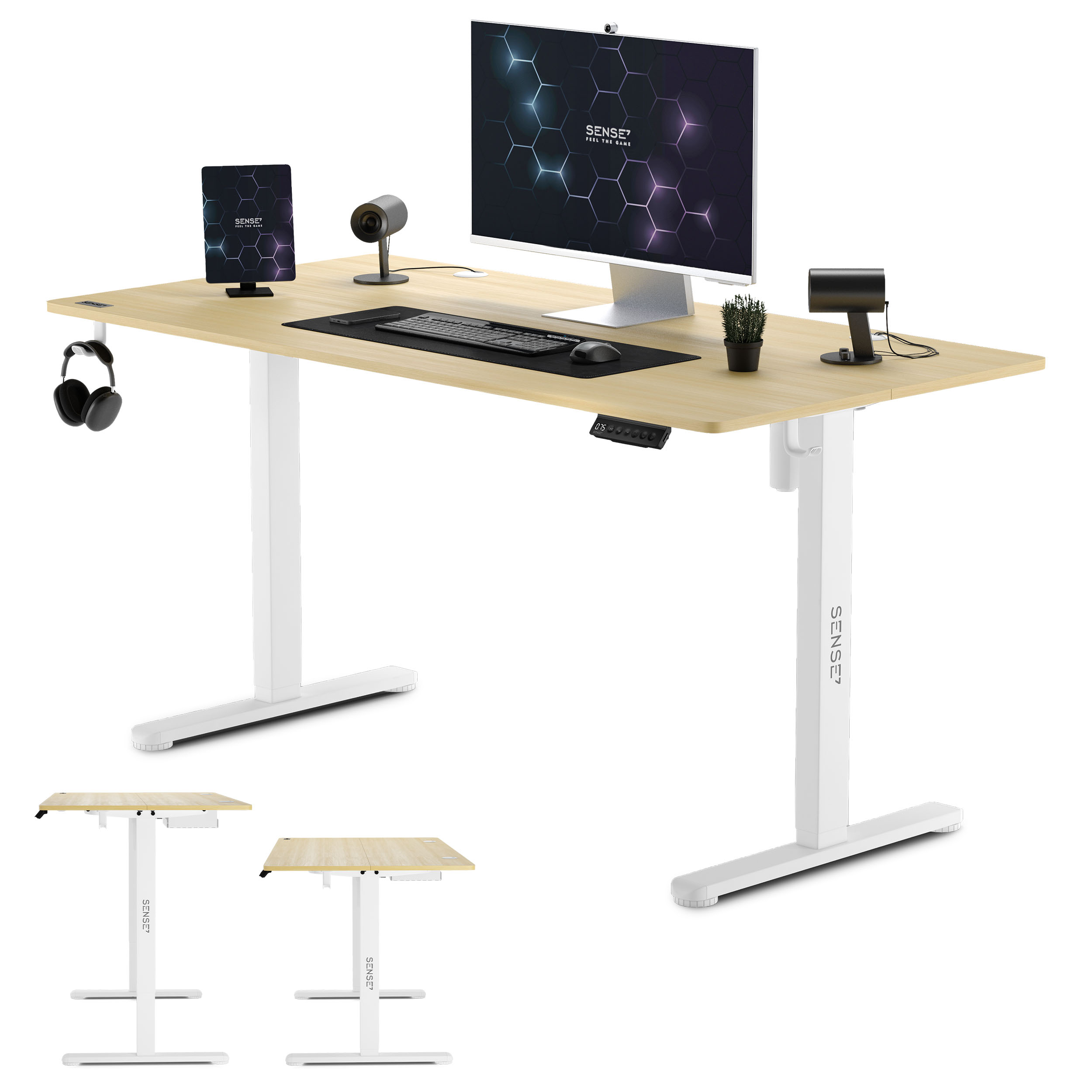 Höhenverstellbarer Schreibtisch mit Monitor, Tablet und Zubehör. Enthält drei Schreibtischvarianten.
