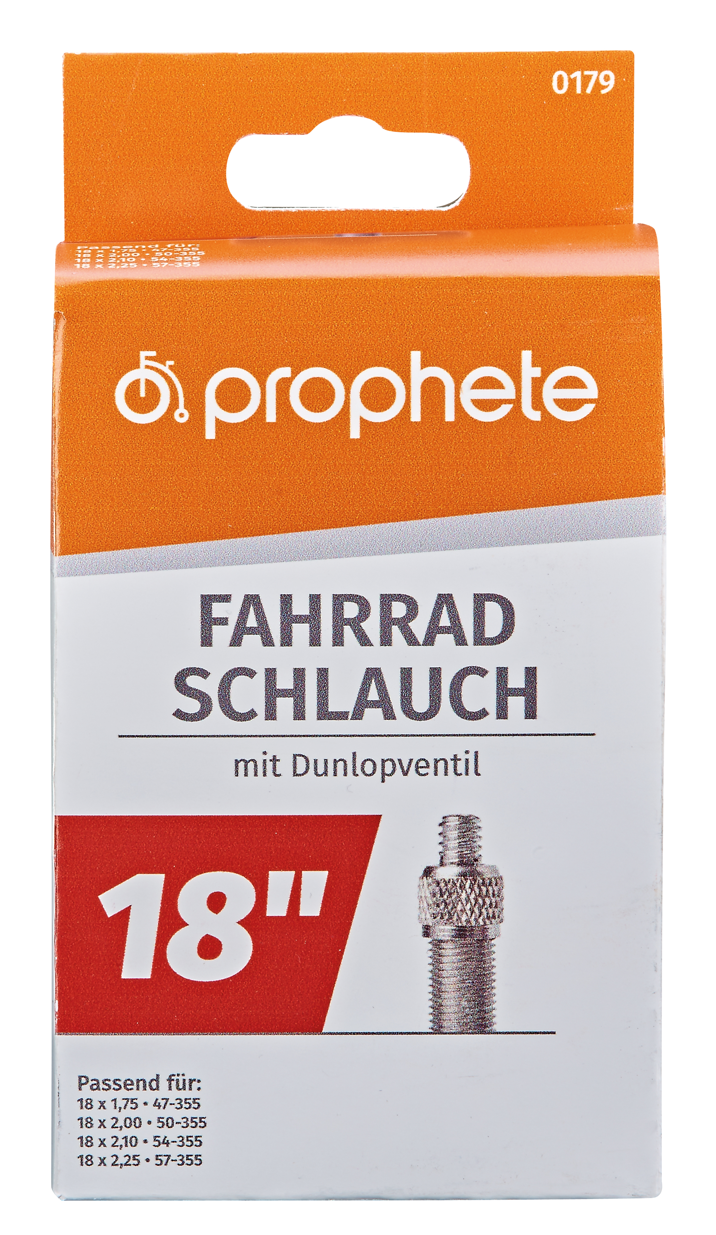Eine Packung mit einem Fahrradschlauch. Die Verpackung ist orange und weiß mit Text.