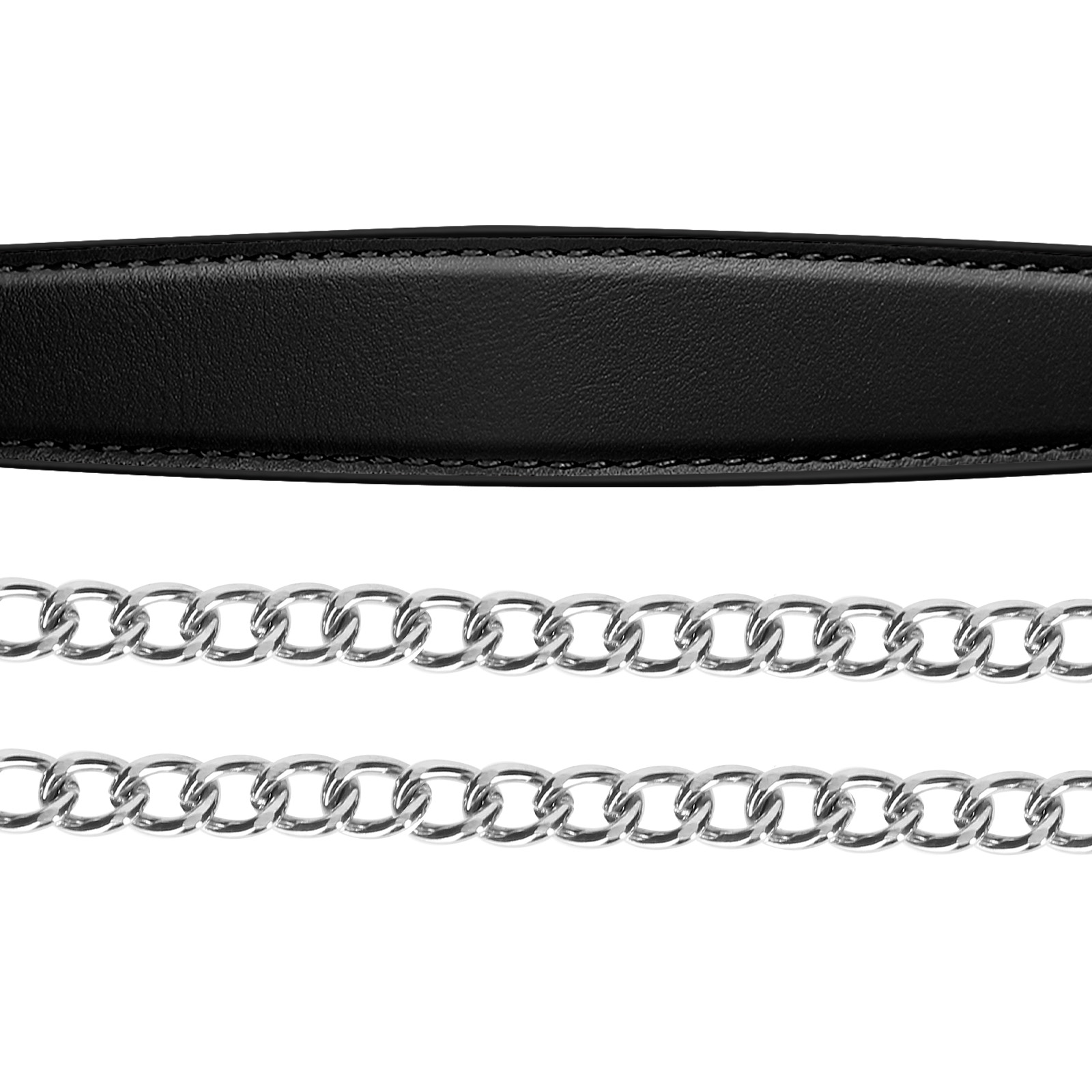 Ein schwarzer Lederriemen, der mit einer Kette aus silbernem Metall verbunden ist.