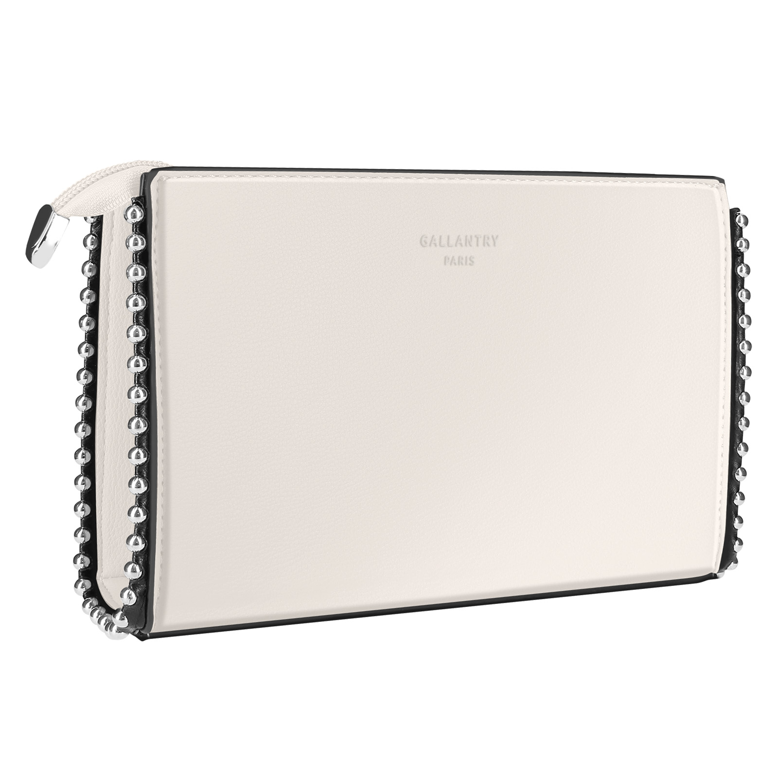 Eine weiße rechteckige Clutch mit dem Wort 'GALLANTRY PARIS' in der Mitte. Es gibt einen silbernen Reißverschluss.