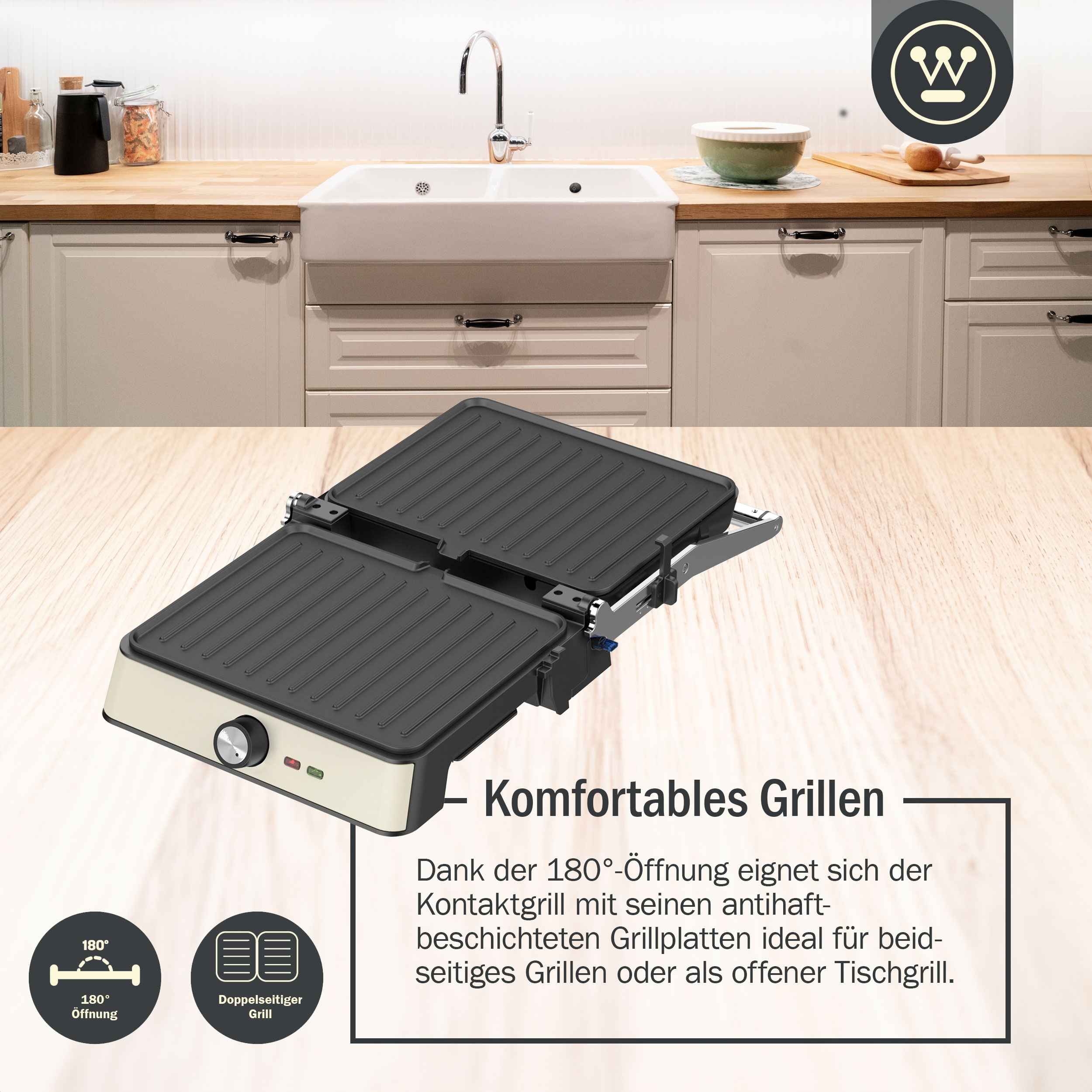 Schwarzer und beigefarbener Kontaktgrill mit einem Drehregler und Kontrollleuchten. Küchenhintergrund mit Text.