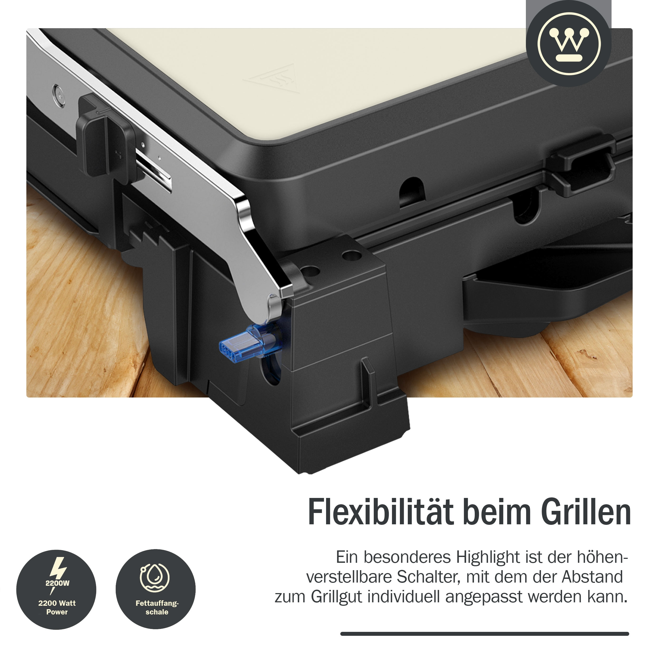 Grilldetail. Schwarzer Grill mit blauem Stecker, Text zur Flexibilität.
