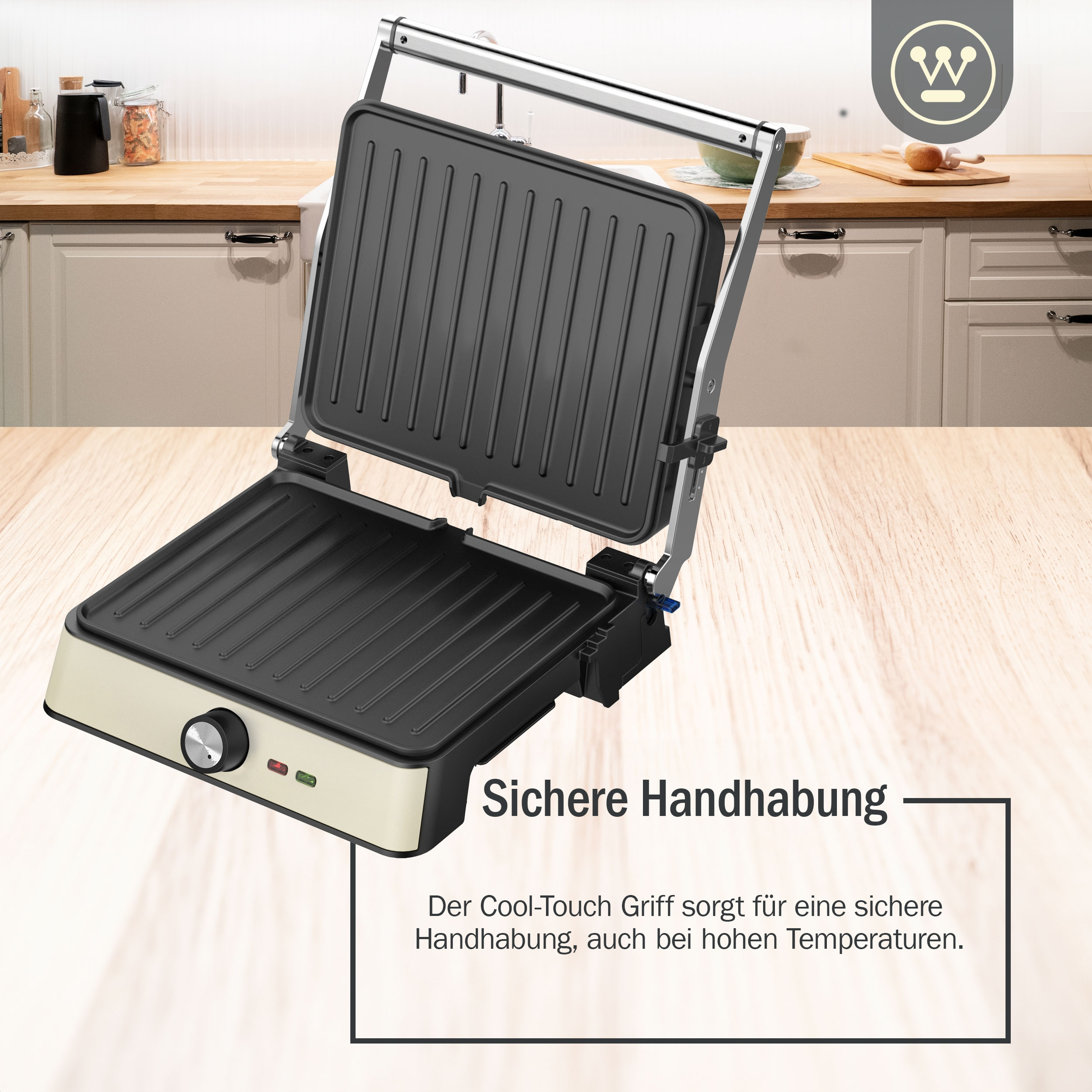 Eine schwarze und beige Panini-Presse mit Text über sichere Handhabung. Die Presse ist geöffnet.