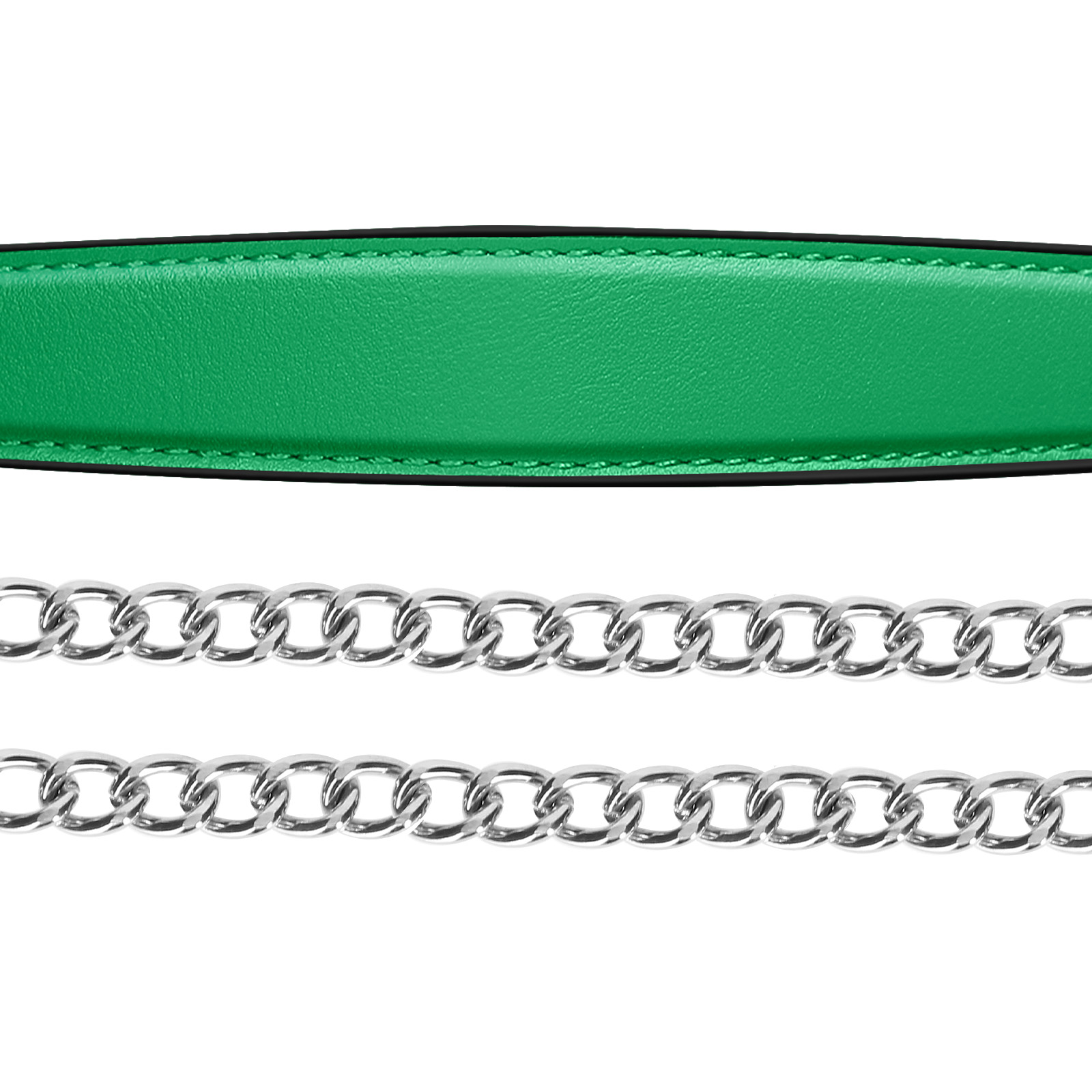 Grüner Lederriemen mit einer silbernen Kette darunter, auf weißem Hintergrund.