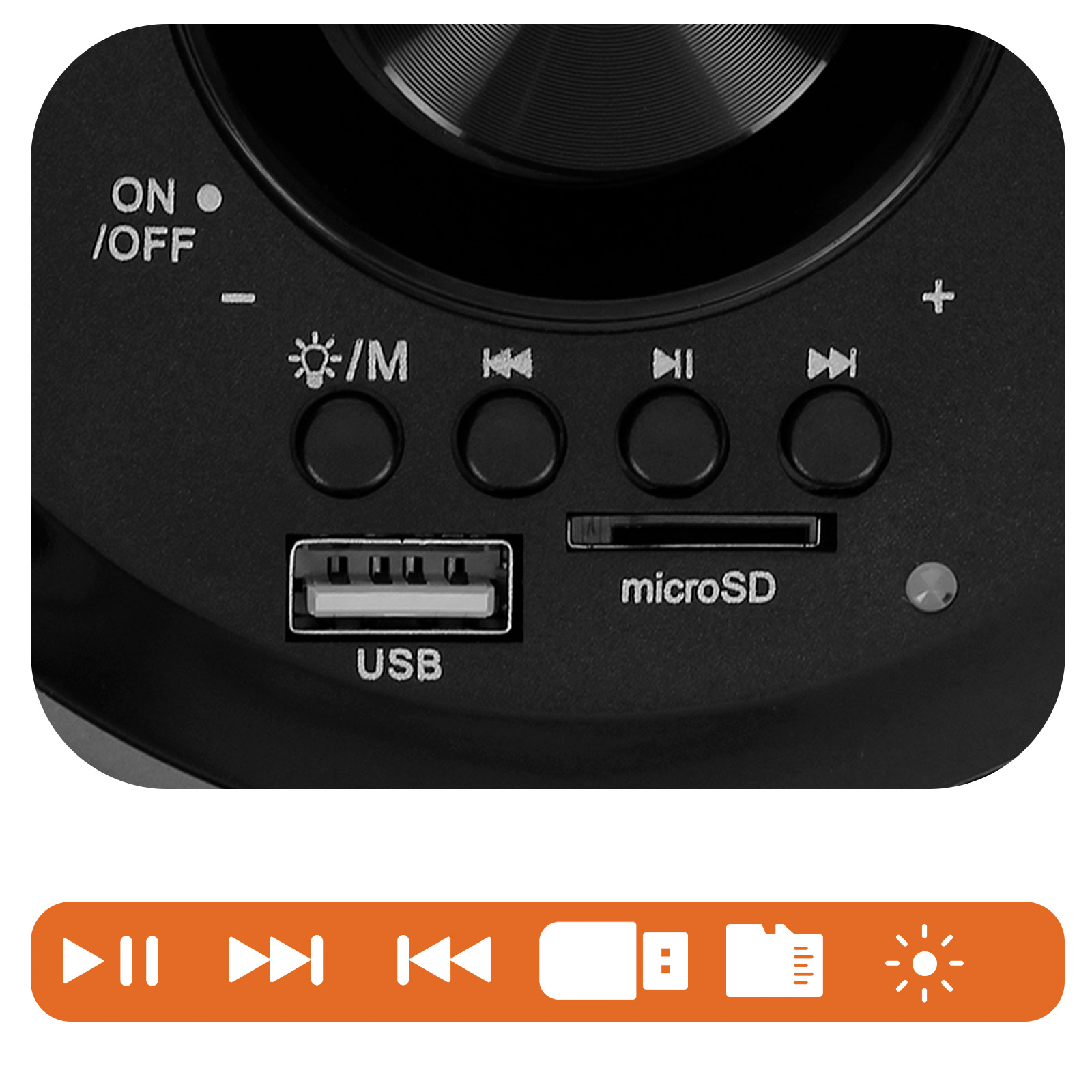 Panneau de contrôle d'enceinte noir avec boutons de lecture, saut, USB, microSD et commandes de volume.