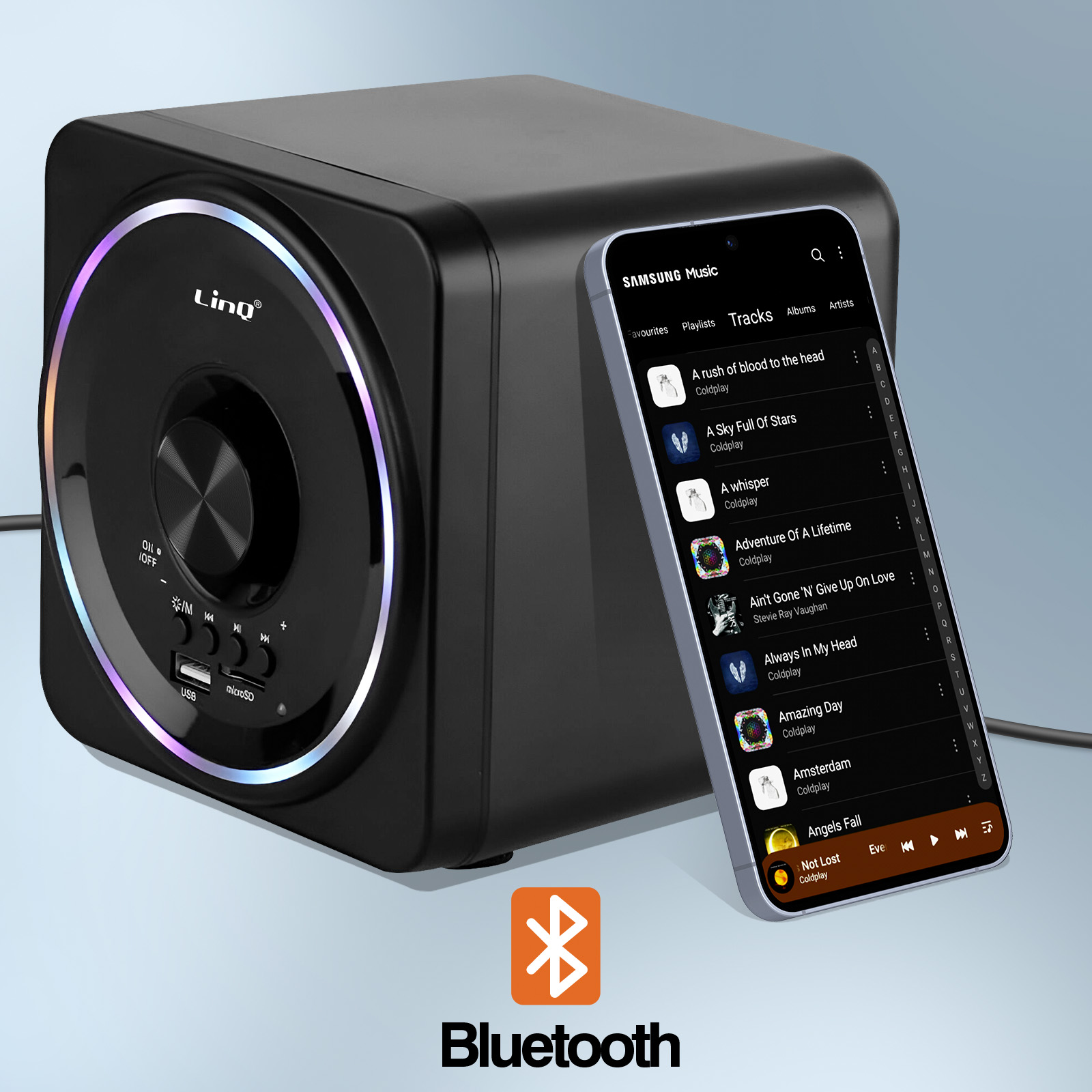 Haut-parleur noir avec un smartphone affichant une application musicale avec une liste de lecture. Logo Bluetooth.