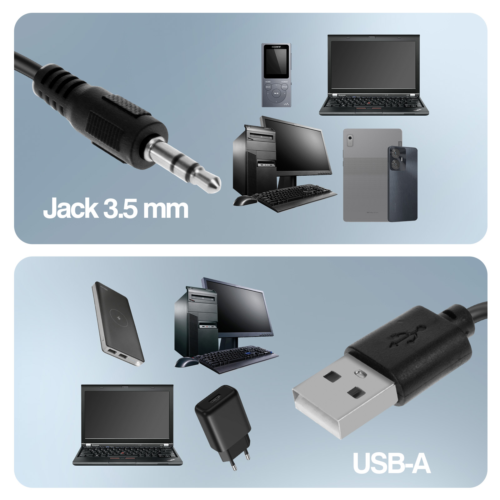 Connecteurs Jack 3,5 mm et USB-A, avec différents appareils auxquels ils se connectent.