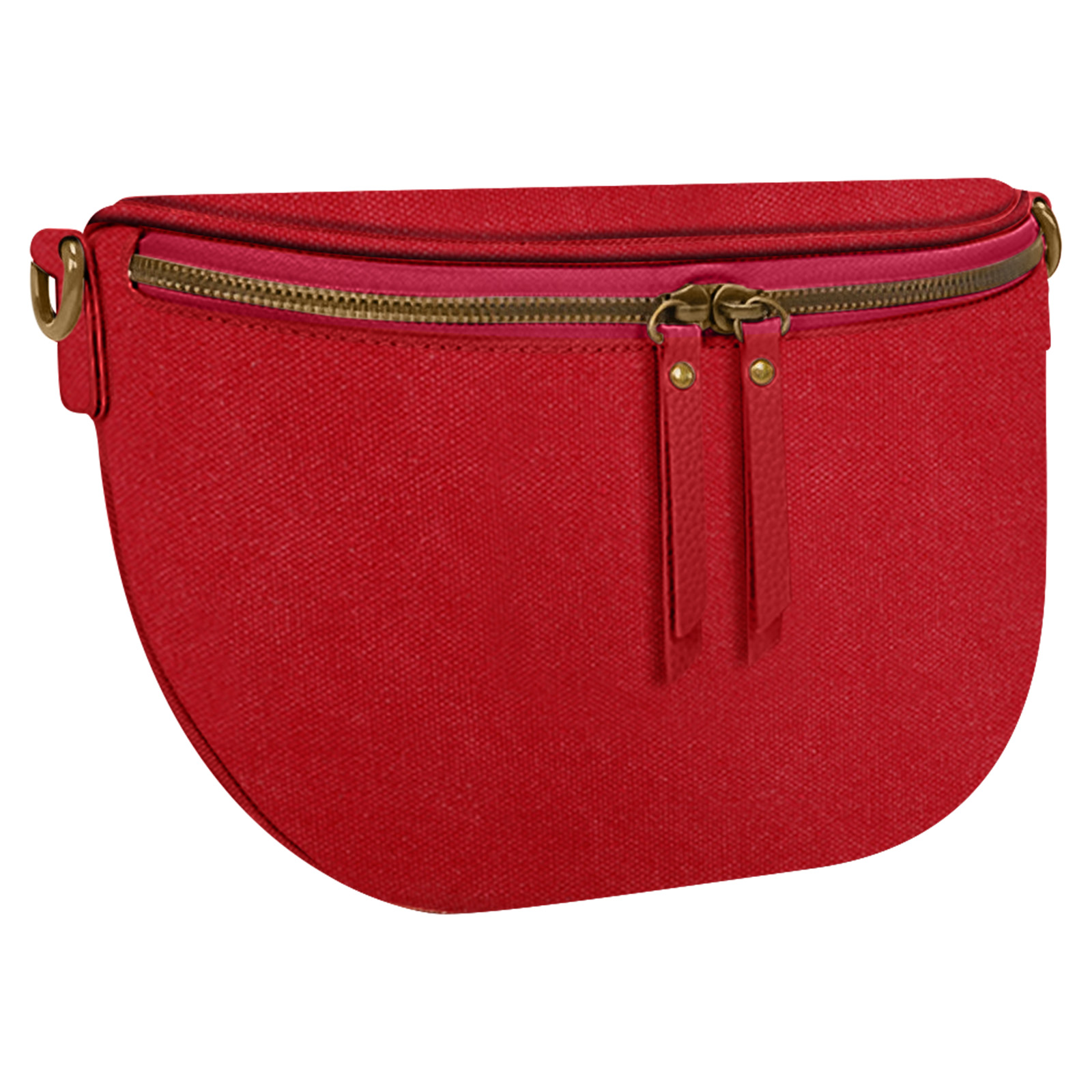 Riñonera roja con cremallera y herrajes dorados.