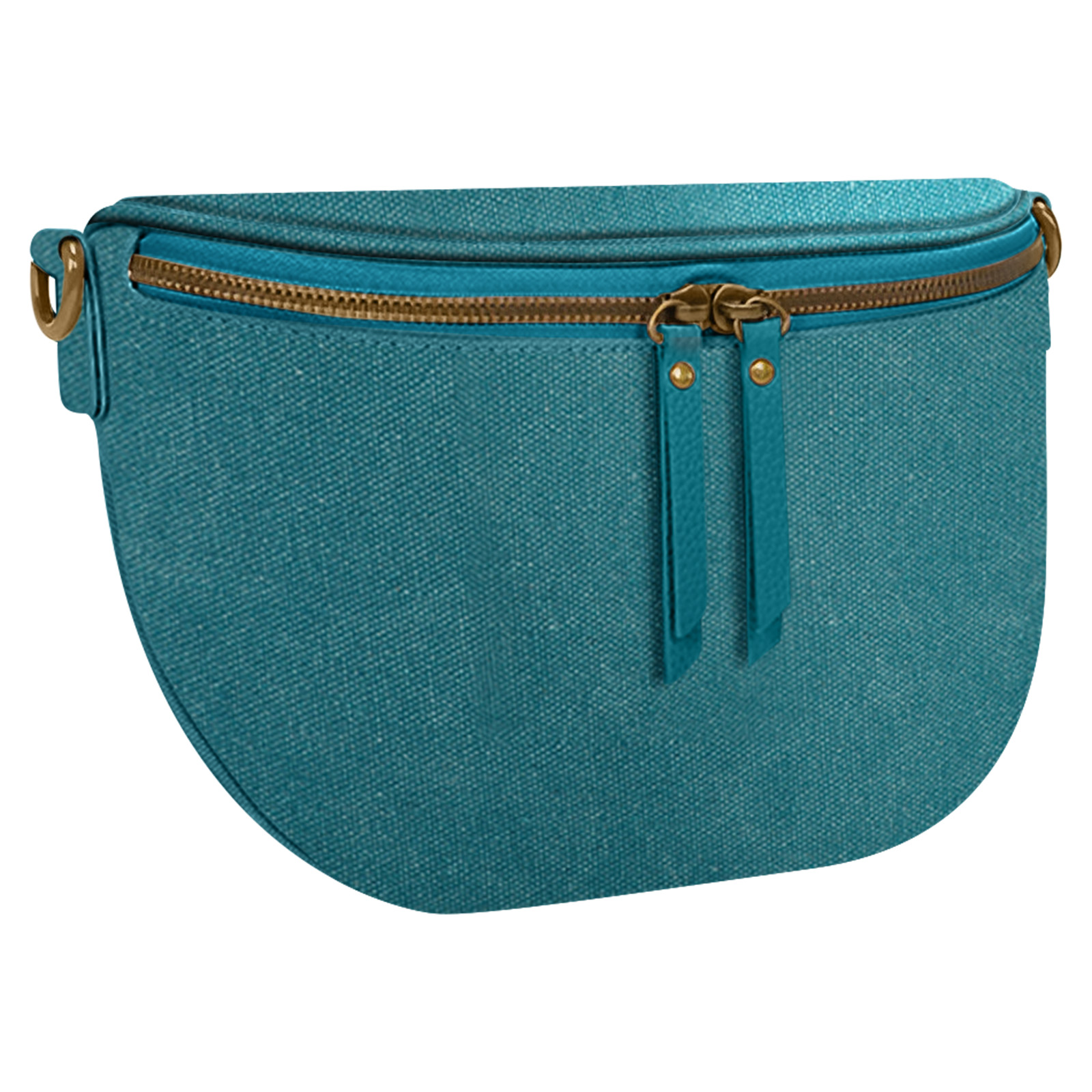 Eine türkisfarbene Bauchtasche mit einem braunen Reißverschluss auf weißem Hintergrund.