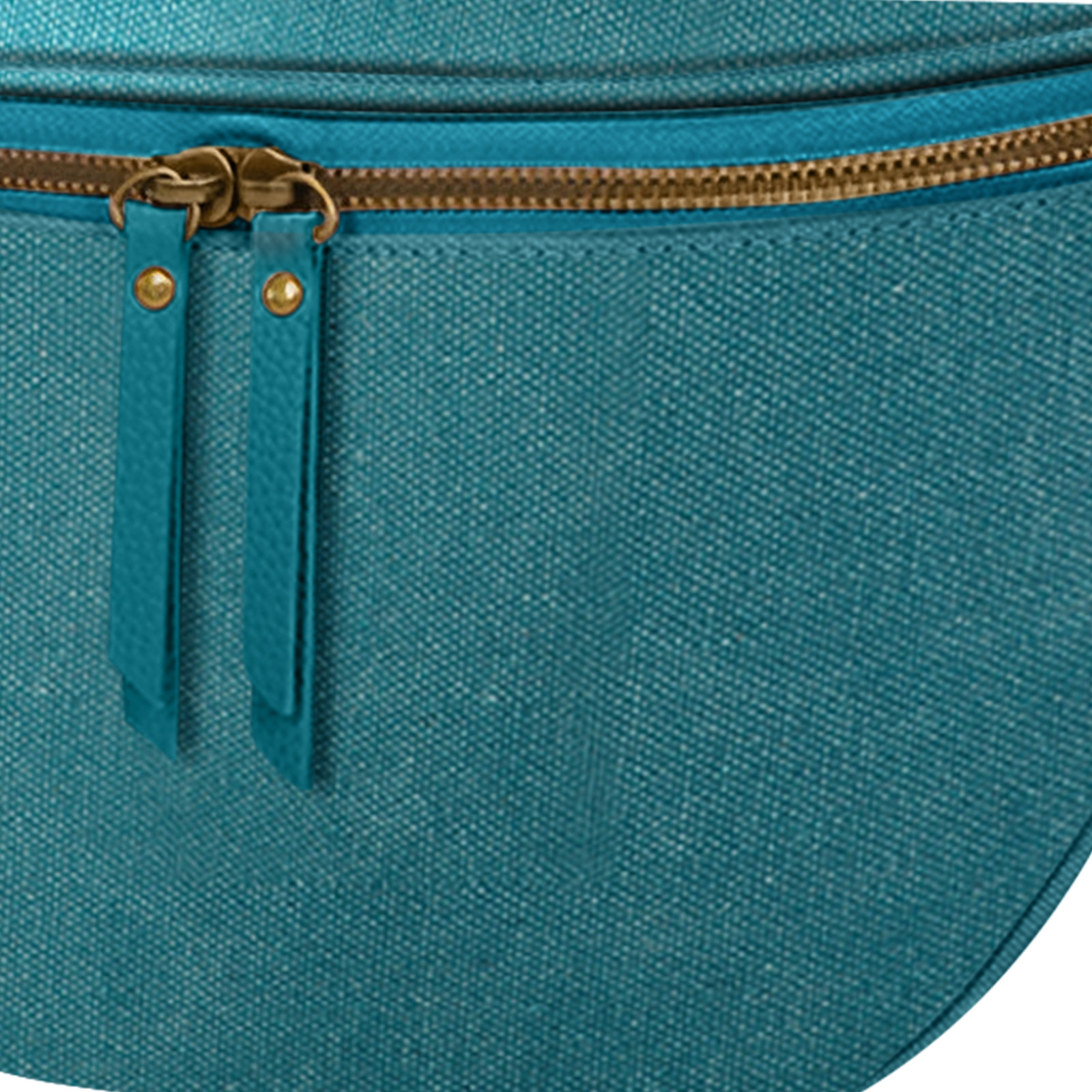 Nahaufnahme einer türkisblauen Bauchtasche mit einem bronzefarbenen Reißverschluss und passenden Reißverschlussanhängern.