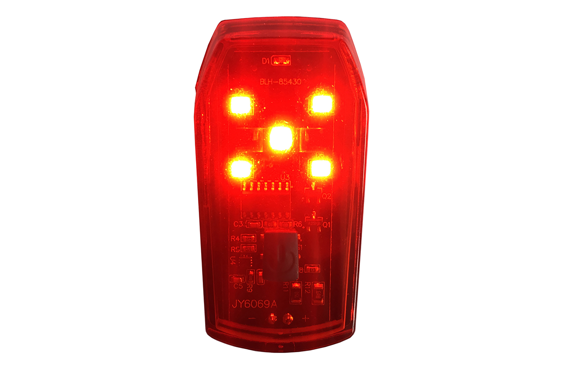 Rotes rechteckiges LED-Rücklicht mit 5 leuchtenden LEDs, das die interne Schaltung zeigt.