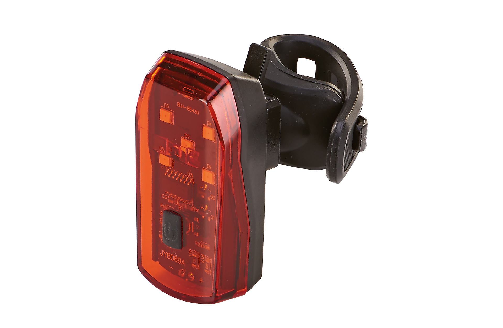Ein rotes Fahrradlicht mit schwarzem Halter. Es hat einen Knopf und eine interne Leiterplatte.