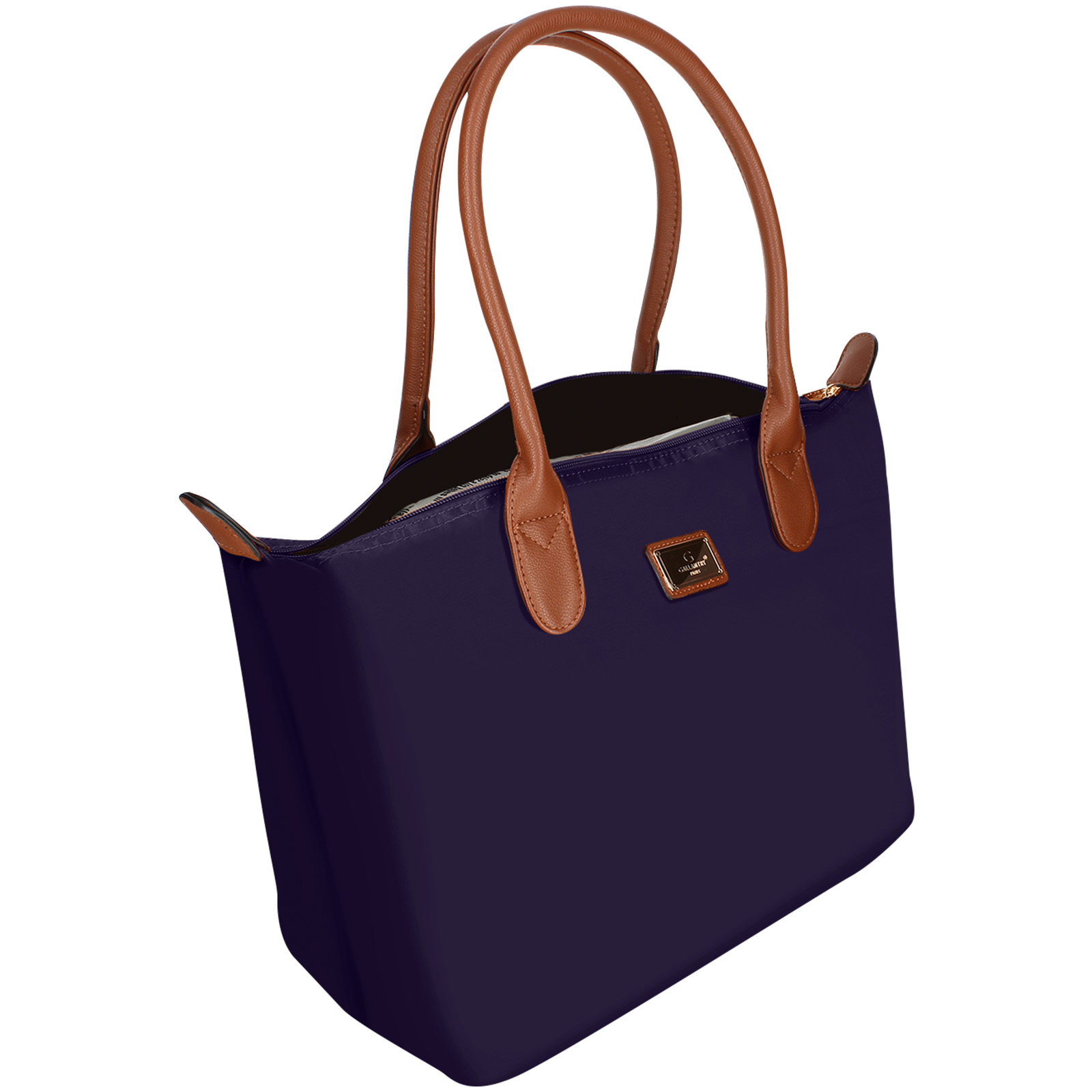 Eine marineblaue Tragetasche mit braunen Griffen und Akzenten, vor weißem Hintergrund.