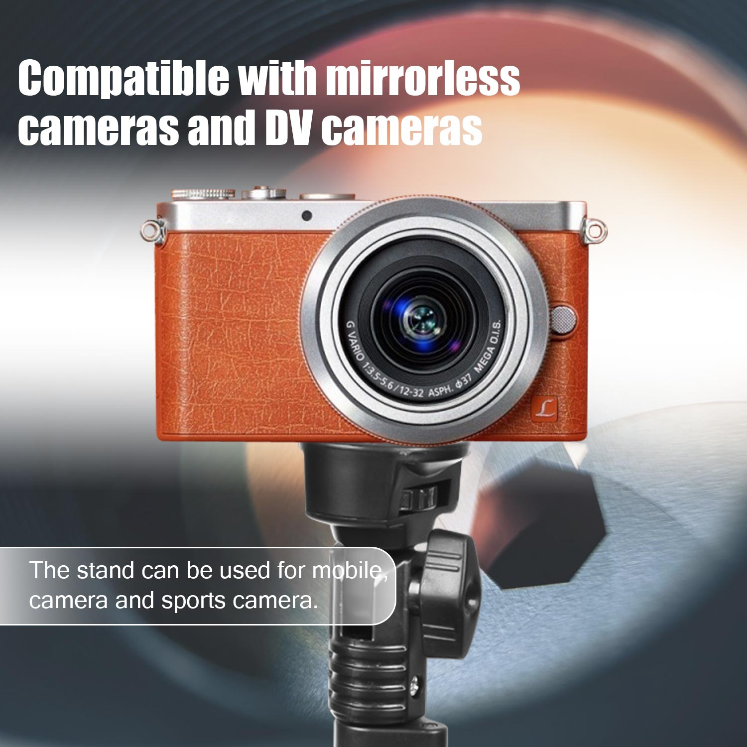 Aparat z brązową skórą, na statywie, obiektyw skierowany do przodu.