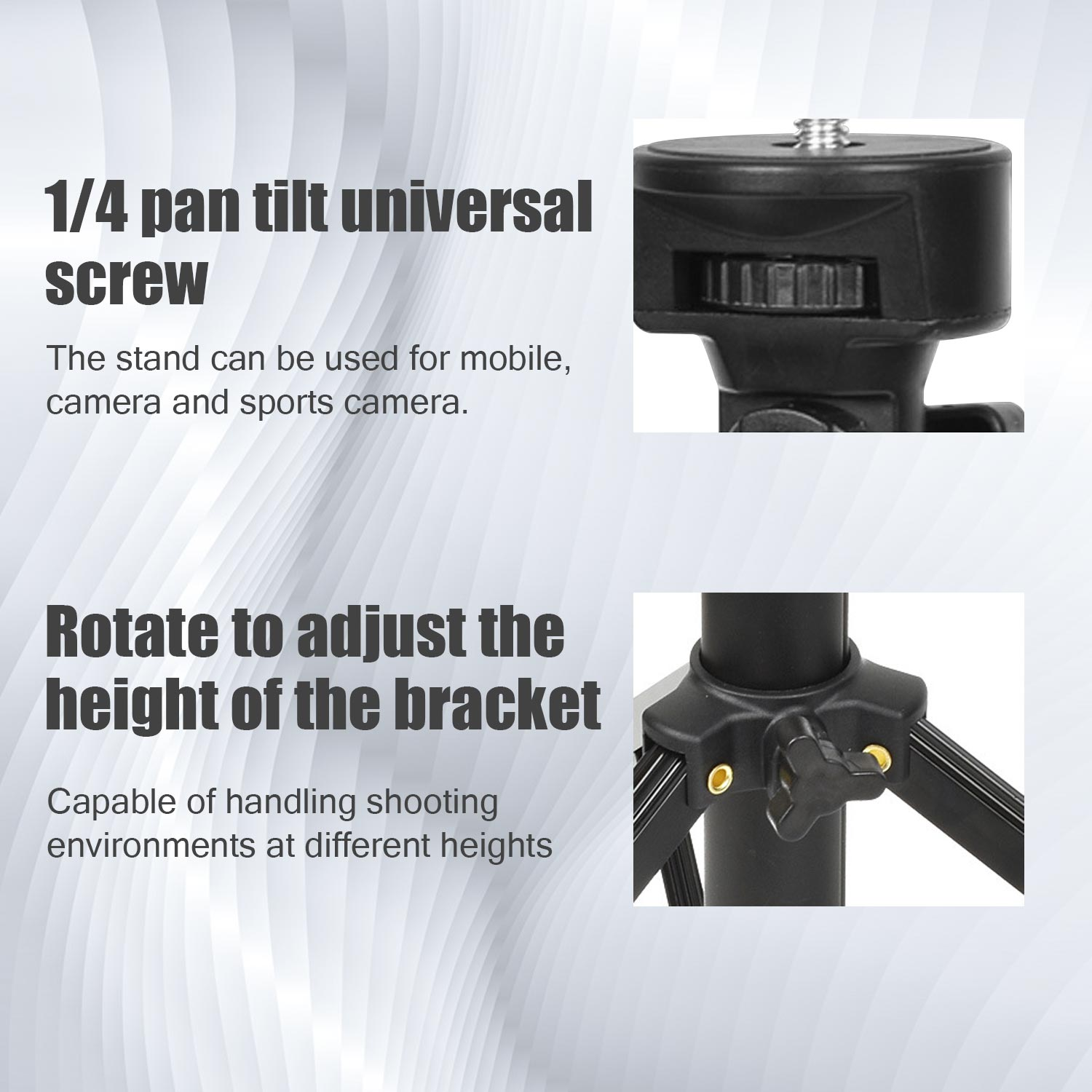 Zbliżenie czarnej głowicy statywu ze śrubą. Tekst opisujący stojak i jego zastosowanie.