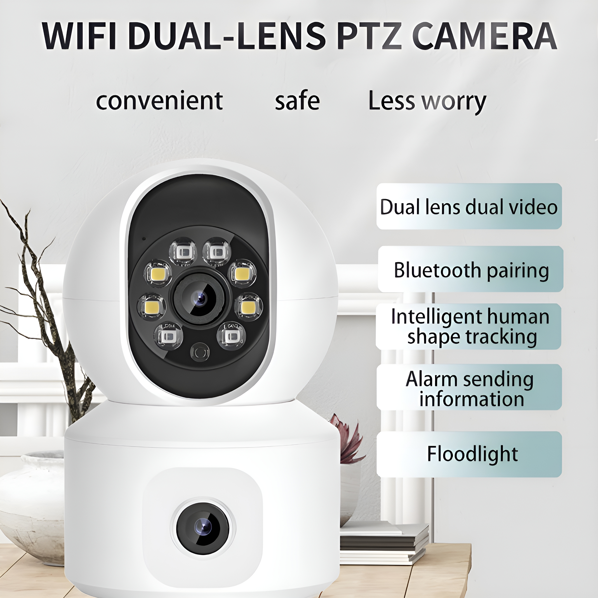 Eine weiße Überwachungskamera mit schwarzem Objektiv. Sie steht auf einem weißen Sockel, Text lautet: WIFI DUAL-LENS PTZ CAMERA.