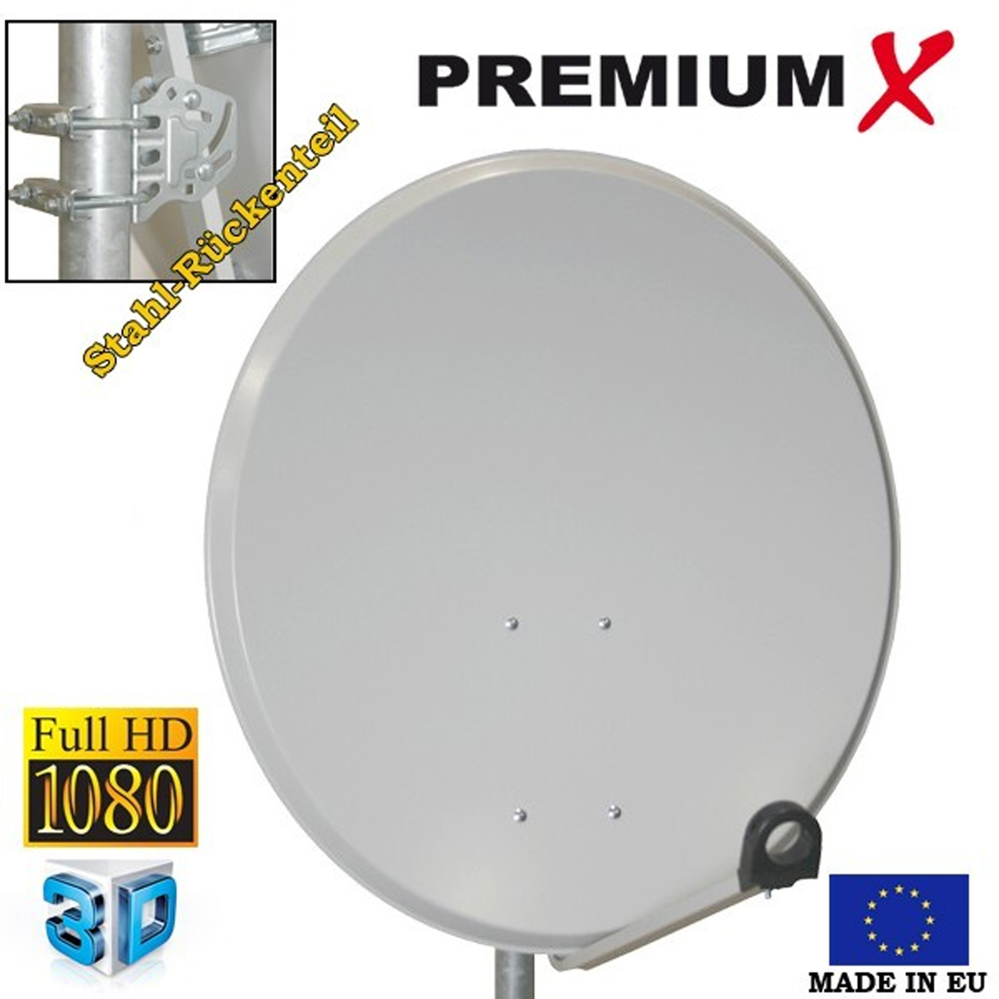 Satellitenschüssel mit Texten: Premium X, Full HD 1080, 3D und Made in EU. Eine kleine Komponente wird gezeigt.