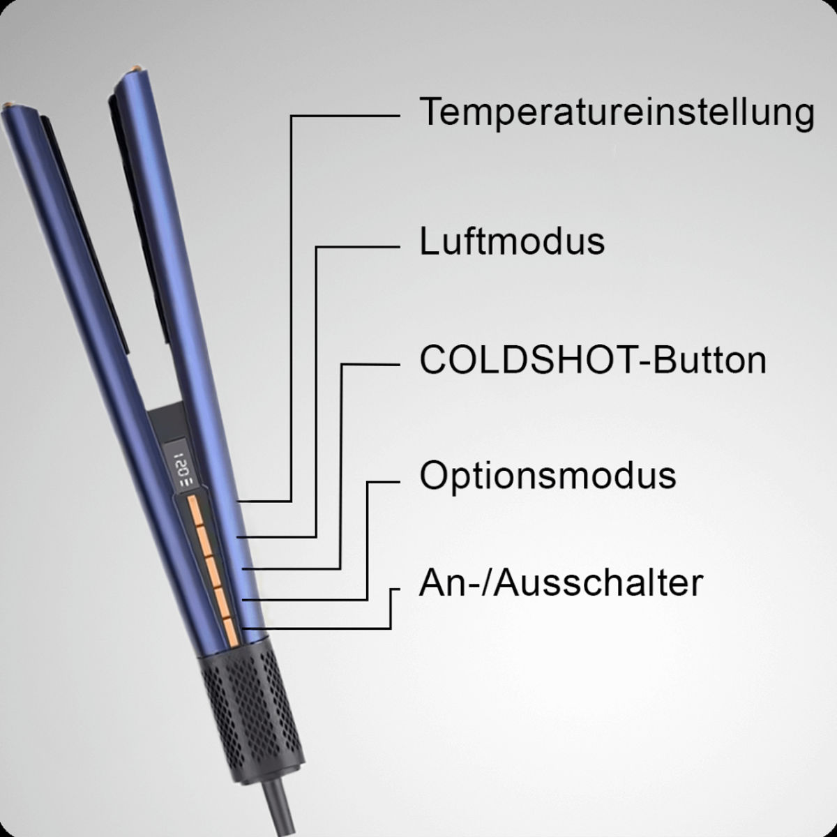 Blauer Haarglätter mit deutschen Beschriftungen: Temperatur, Luftmodus, Coldshot, Optionen, An/Aus.