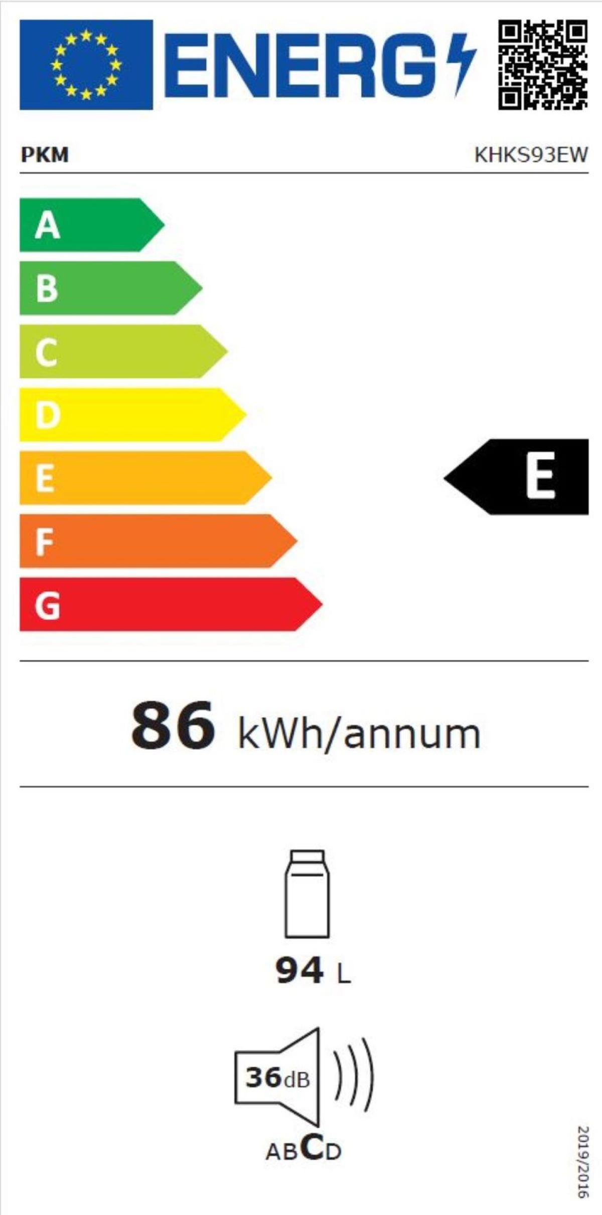 Energielabel für einen Kühlschrank. Zeigt Energieeffizienzklasse E, 86 kWh/Jahr und 94 L Kapazität.