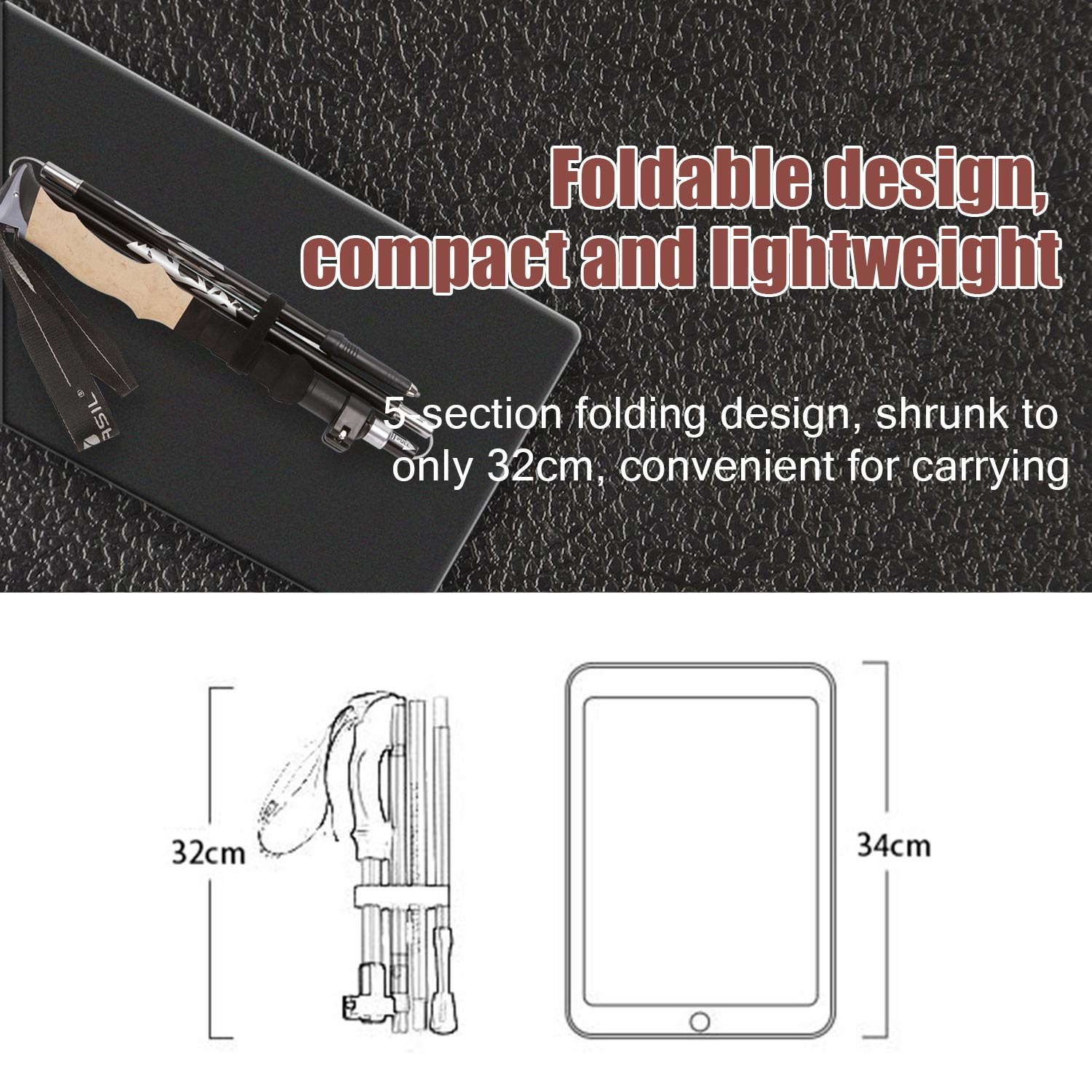 Składany długopis z obrysem tabletu i wymiarami. Długopis leży na czarnej powierzchni.