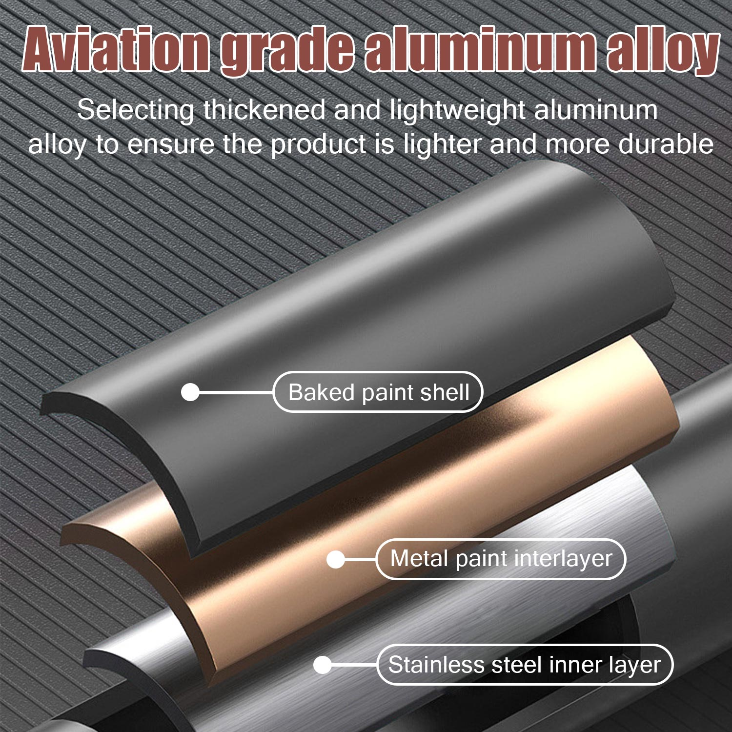 Schemat materiałów: powłoka z lakieru pieczonego, warstwa pośrednia lakieru metalicznego i wewnętrzna warstwa ze stali nierdzewnej.