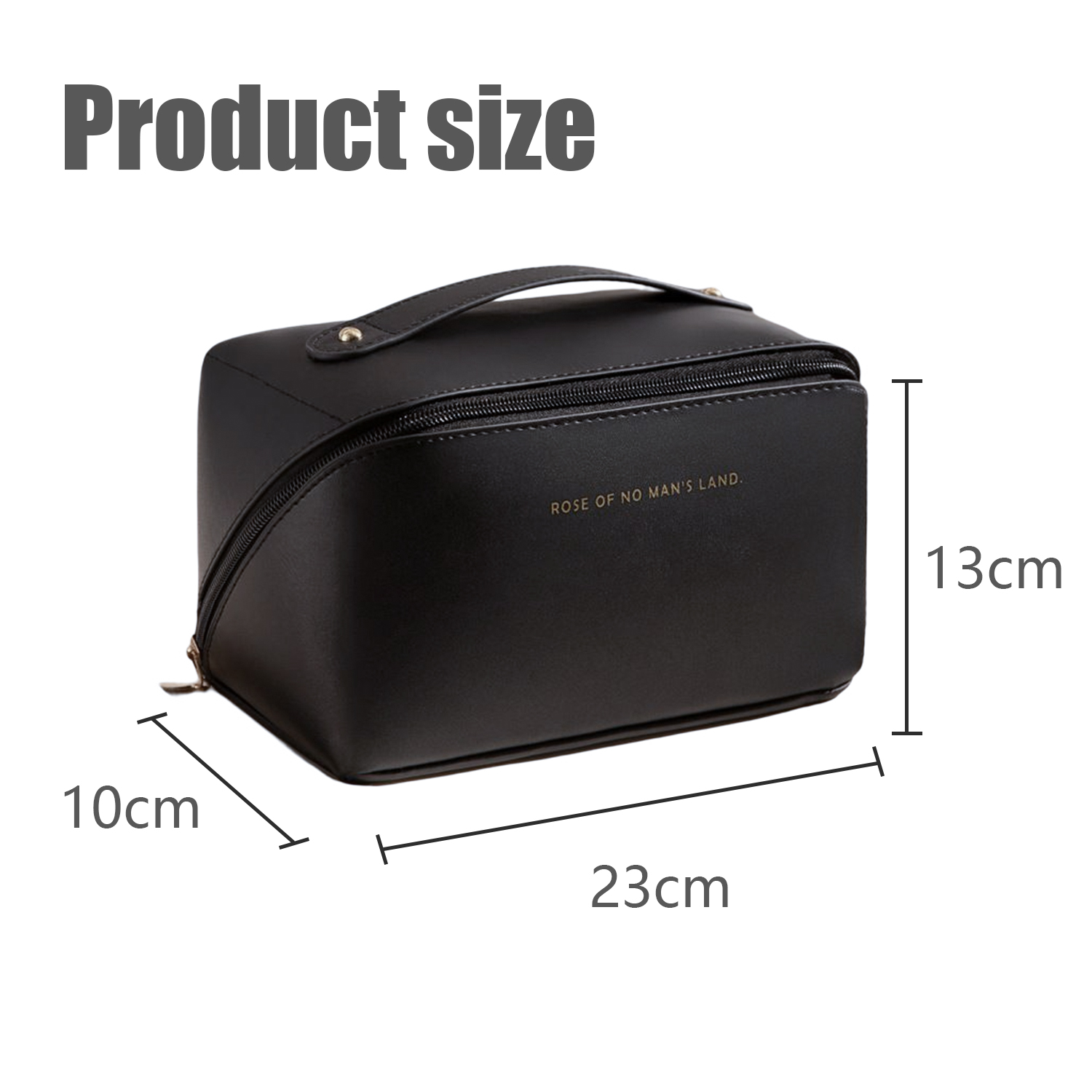 Eine schwarze Make-up-Tasche mit goldenem Reißverschluss und Text, dimensioniert mit Maßen.