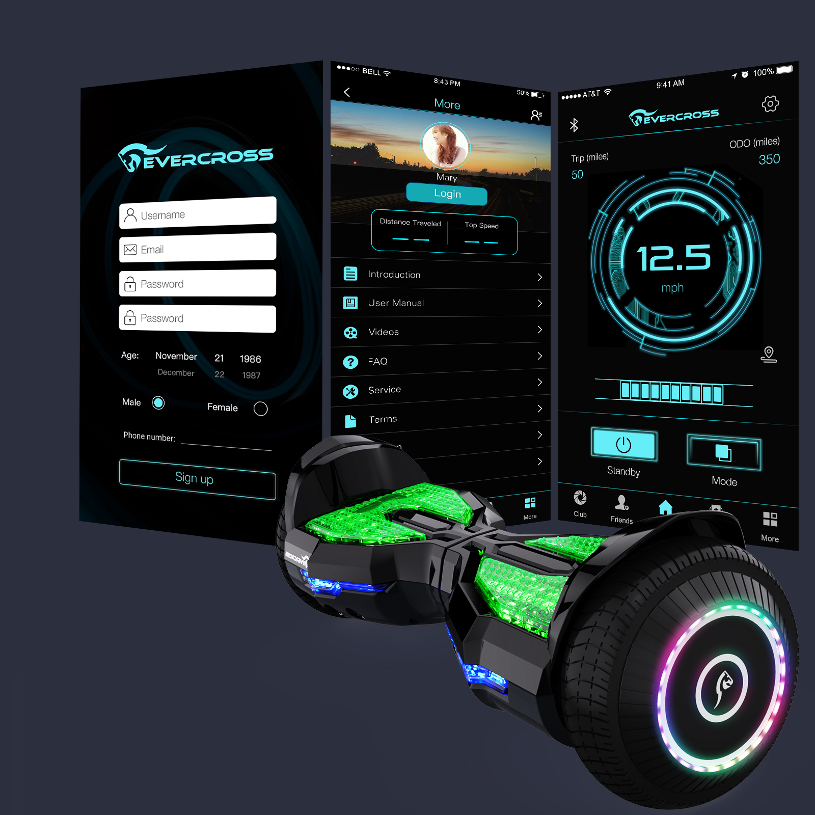 Un hoverboard con tres interfaces de pantalla de teléfono, mostrando funciones y datos de la aplicación.